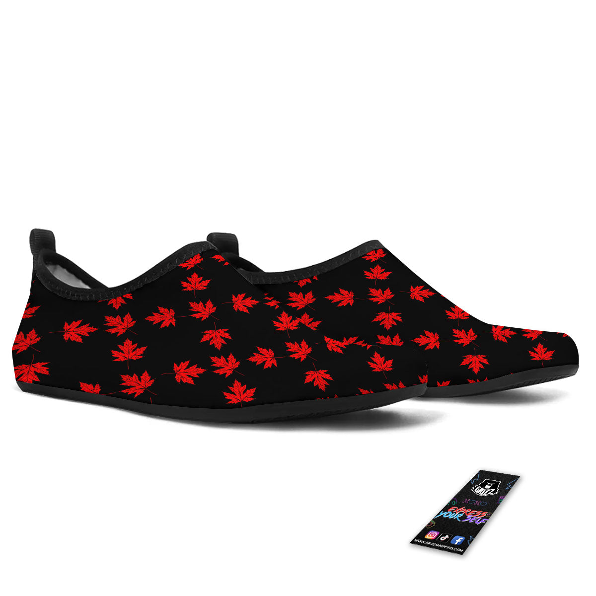 Canadian Maple Leaf Red And Black Print Water Shoes-grizzshop