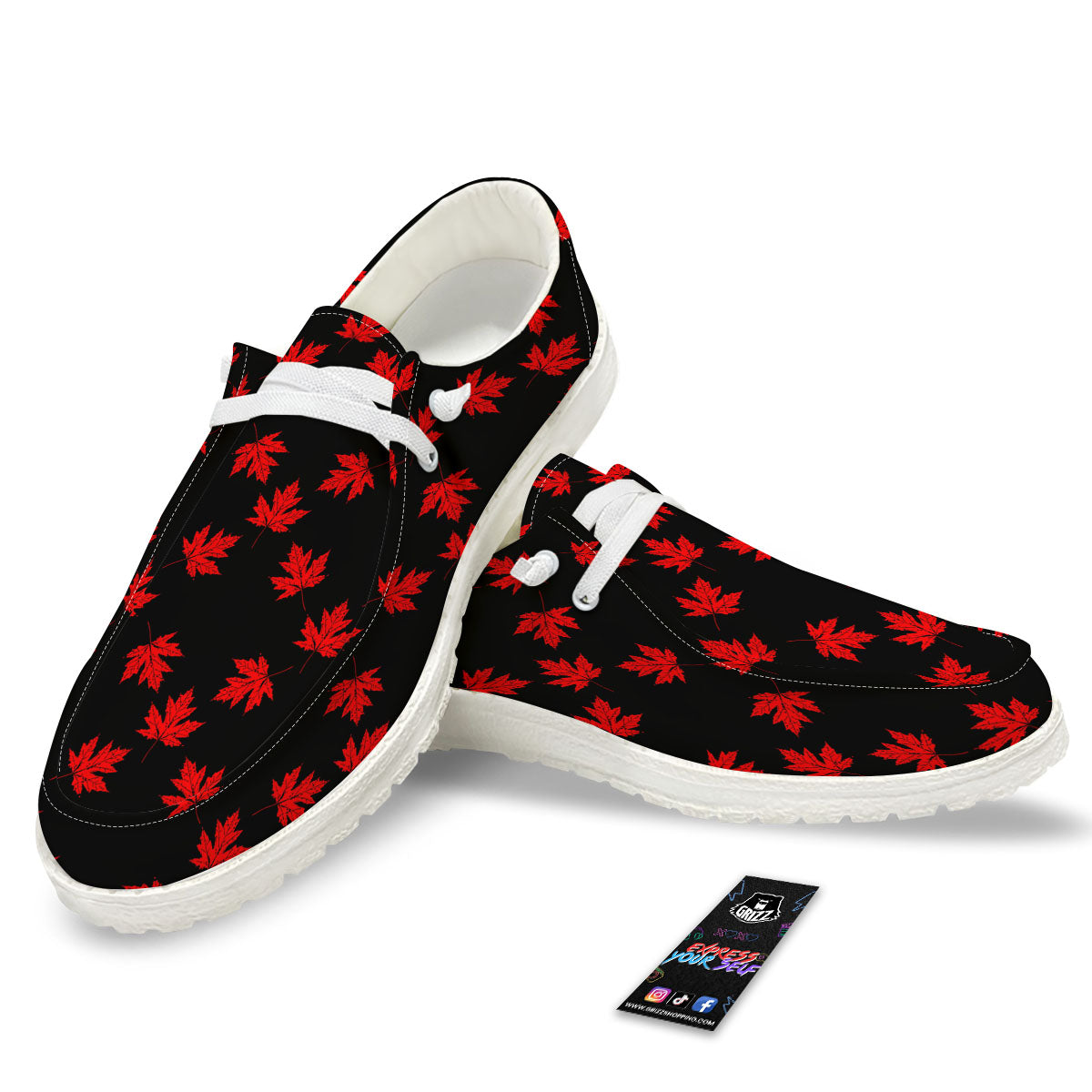 Canadian Maple Leaf Red And Black Print White Loafers-grizzshop
