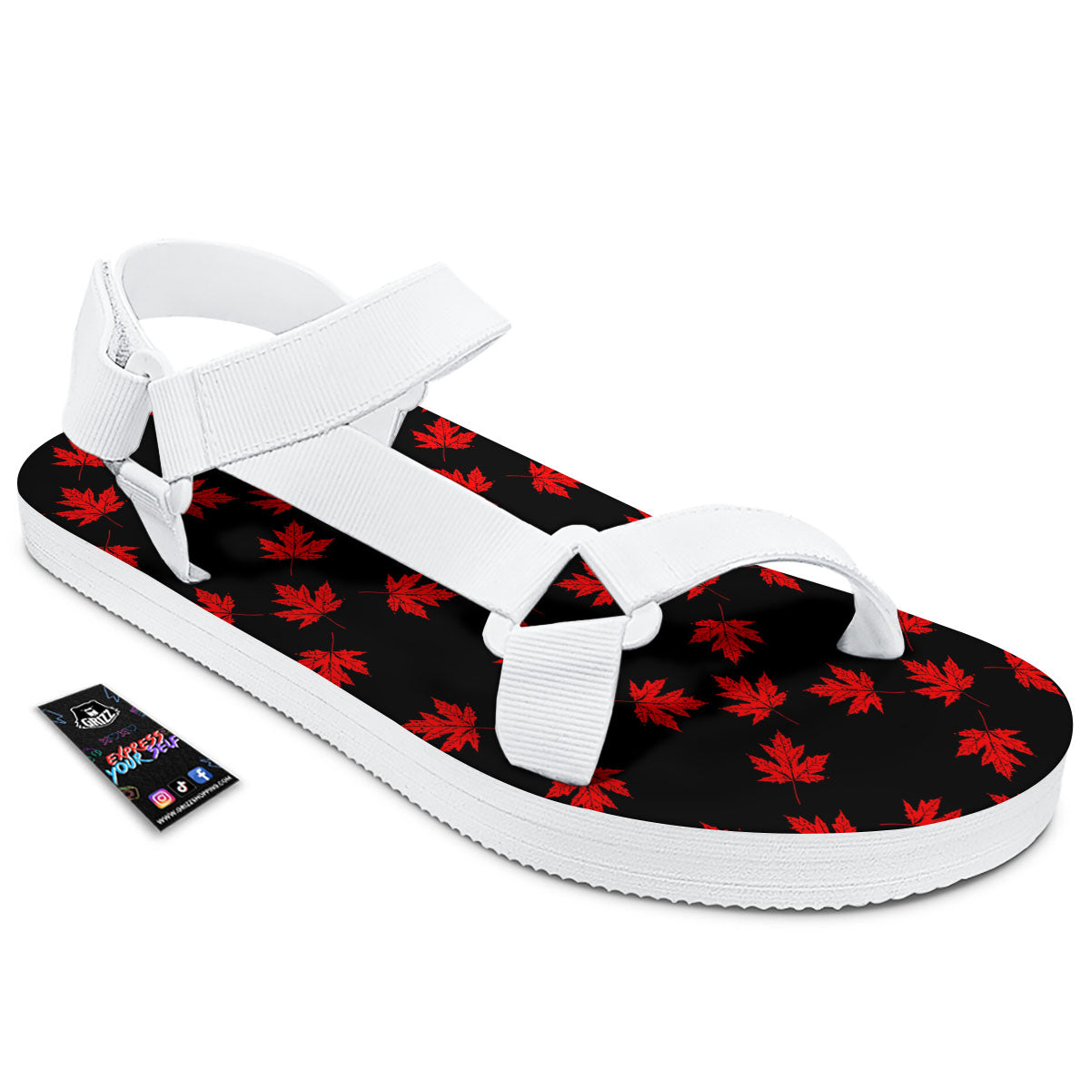 Canadian Maple Leaf Red And Black Print White Open Toe Sandals-grizzshop