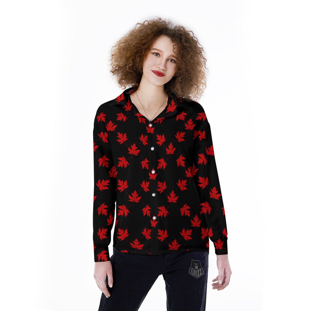 Canadian Maple Leaf Red And Black Print Women's Long Sleeve Shirts-grizzshop
