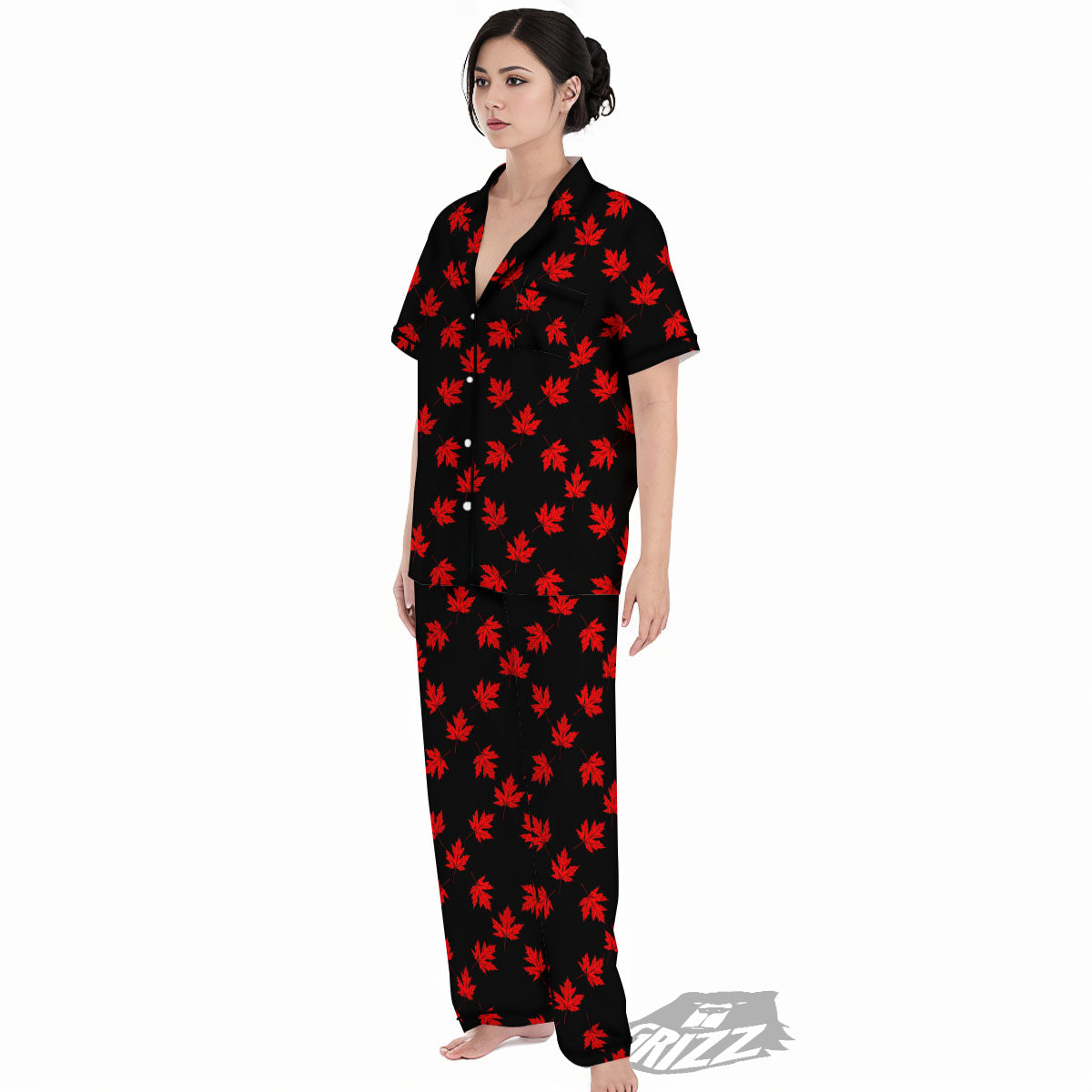 Canadian Maple Leaf Red And Black Print Women's Pajamas Set-grizzshop
