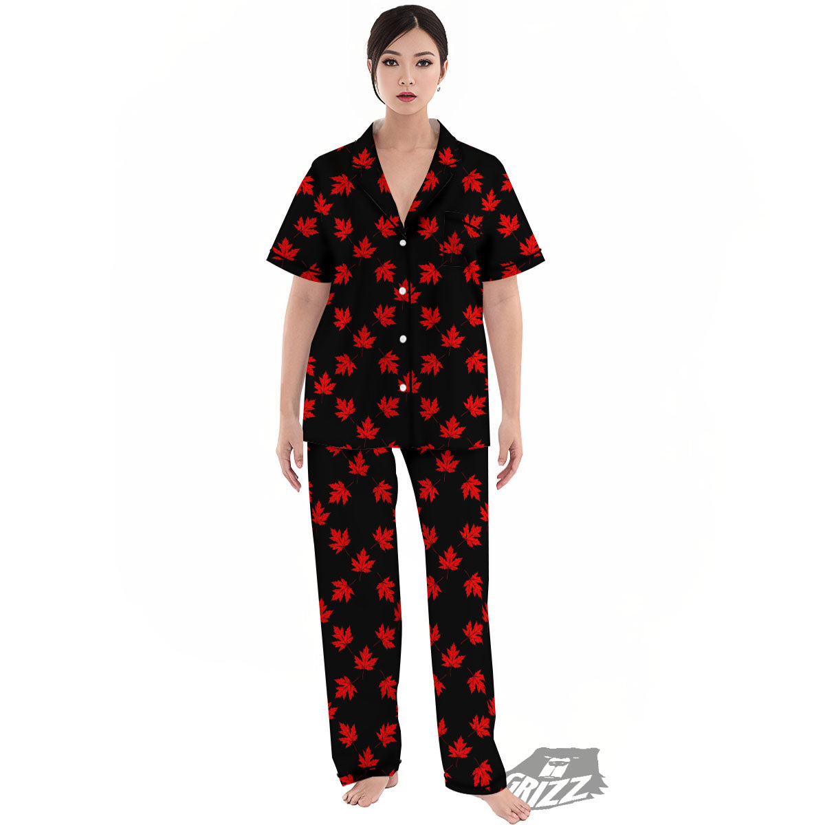 Canadian Maple Leaf Red And Black Print Women's Pajamas Set-grizzshop