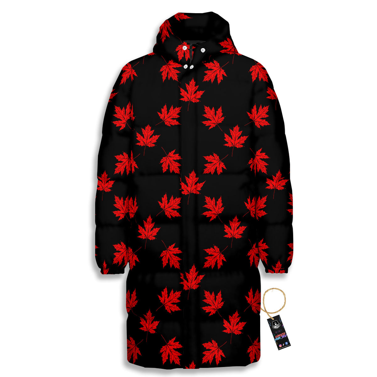 Canadian Maple Leaf Red And Black Print Long Down Jacket