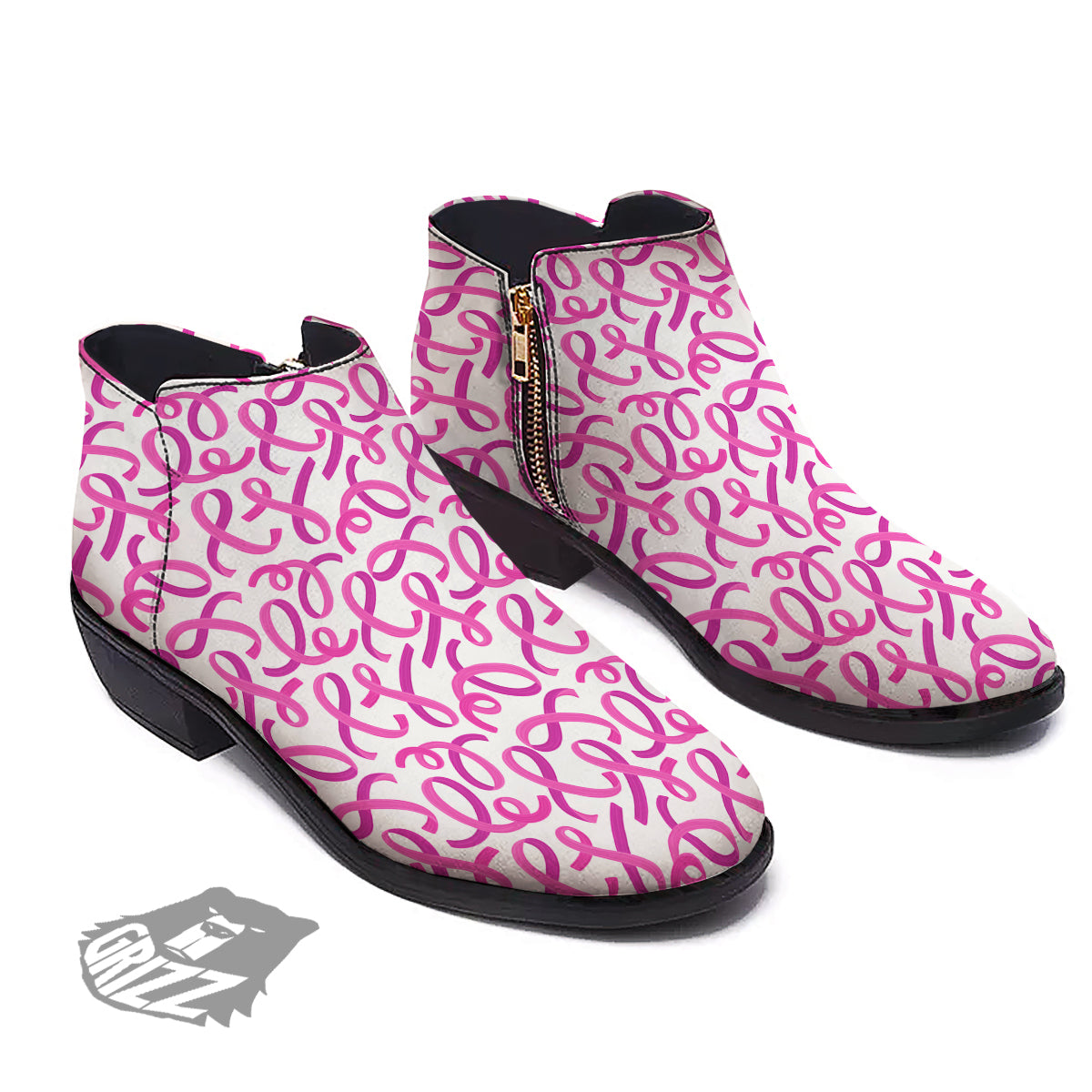 Cancer Awareness Print Pattern Ankle Boots-grizzshop