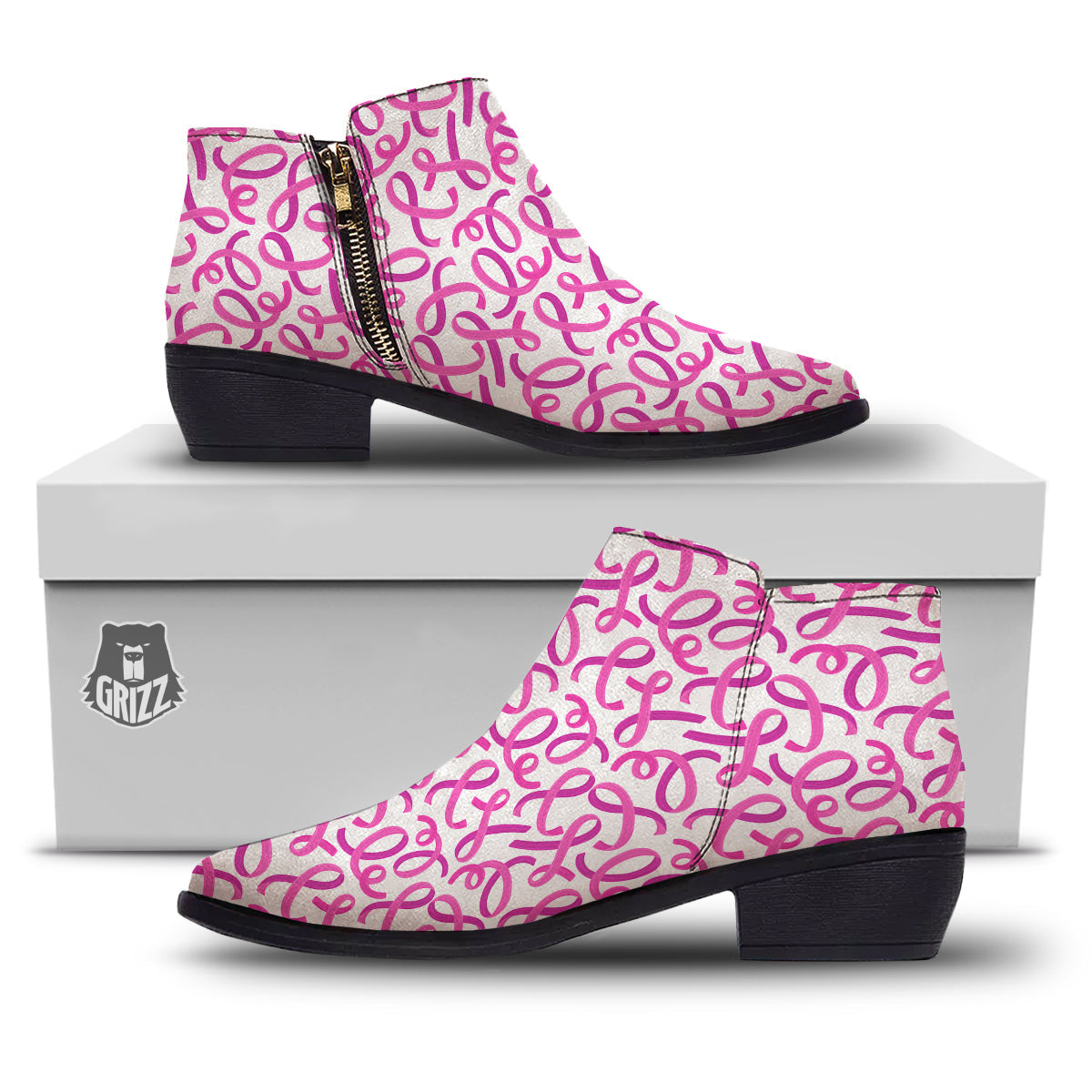 Cancer Awareness Print Pattern Ankle Boots-grizzshop