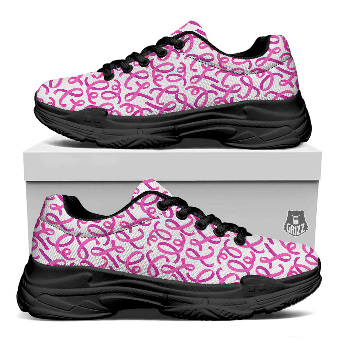 Cancer Awareness Print Pattern Black Chunky Shoes-grizzshop