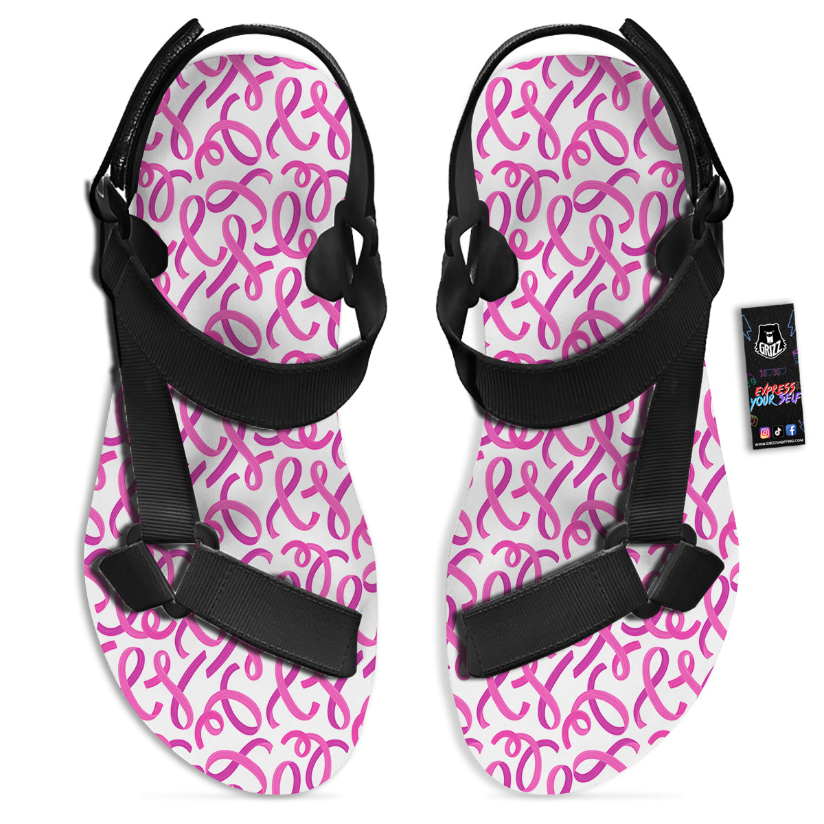Cancer Awareness Print Pattern Black Open Toe Sandals-grizzshop
