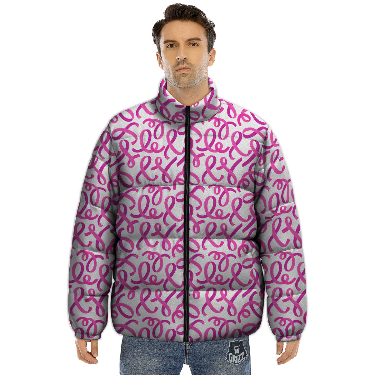 Cancer Awareness Print Pattern Puffer Jacket-grizzshop