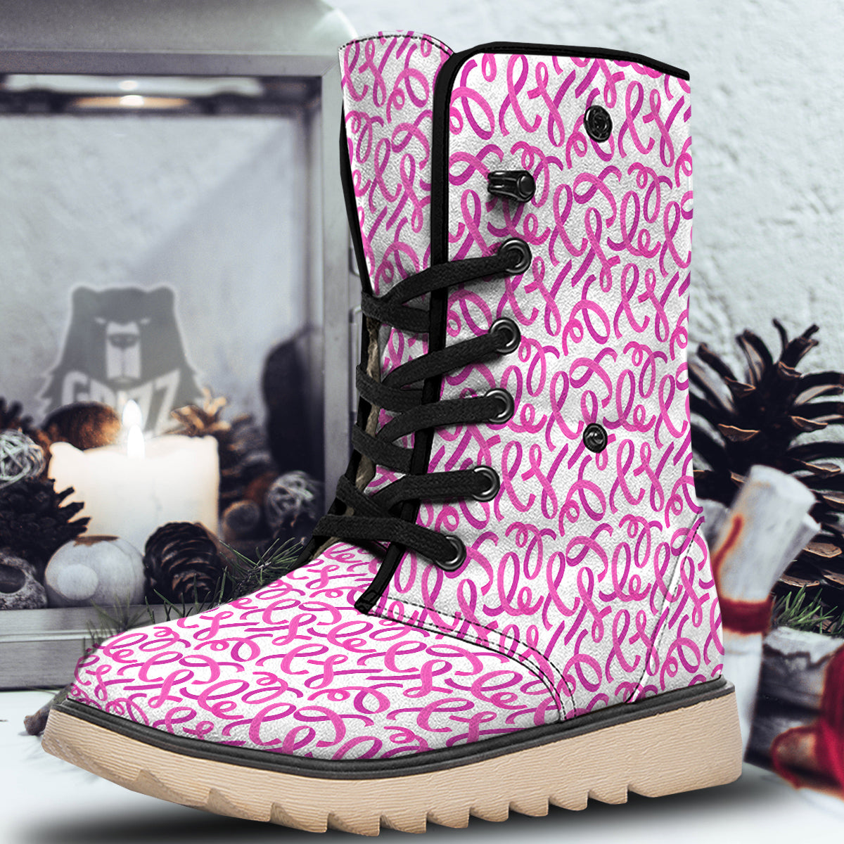 Cancer Awareness Print Pattern Snow Boots-grizzshop