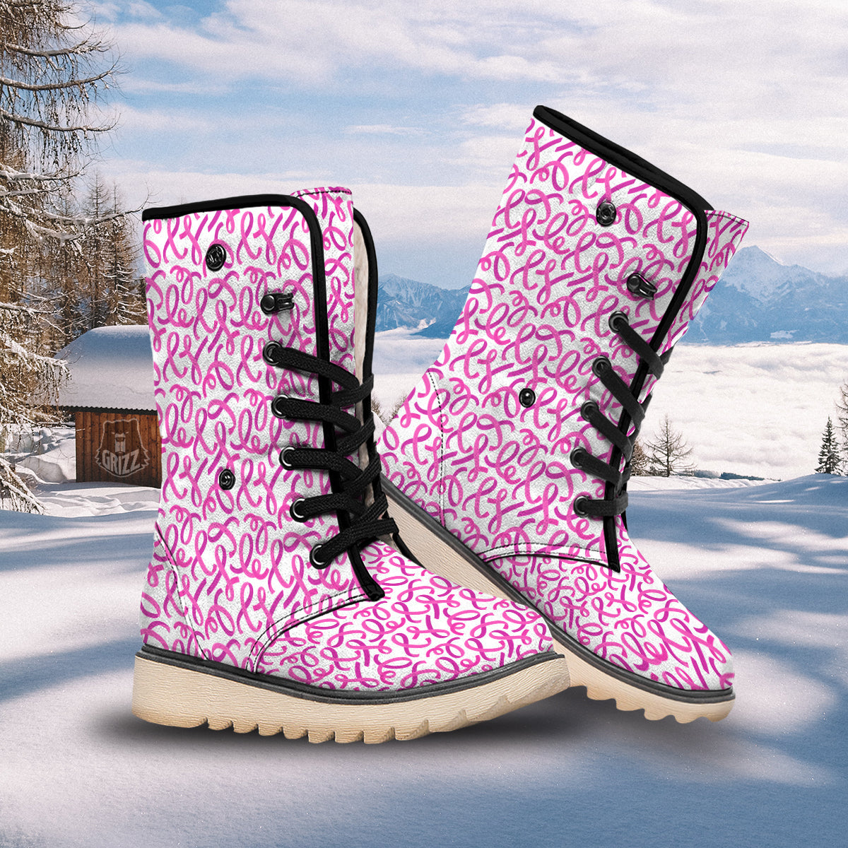 Cancer Awareness Print Pattern Snow Boots-grizzshop
