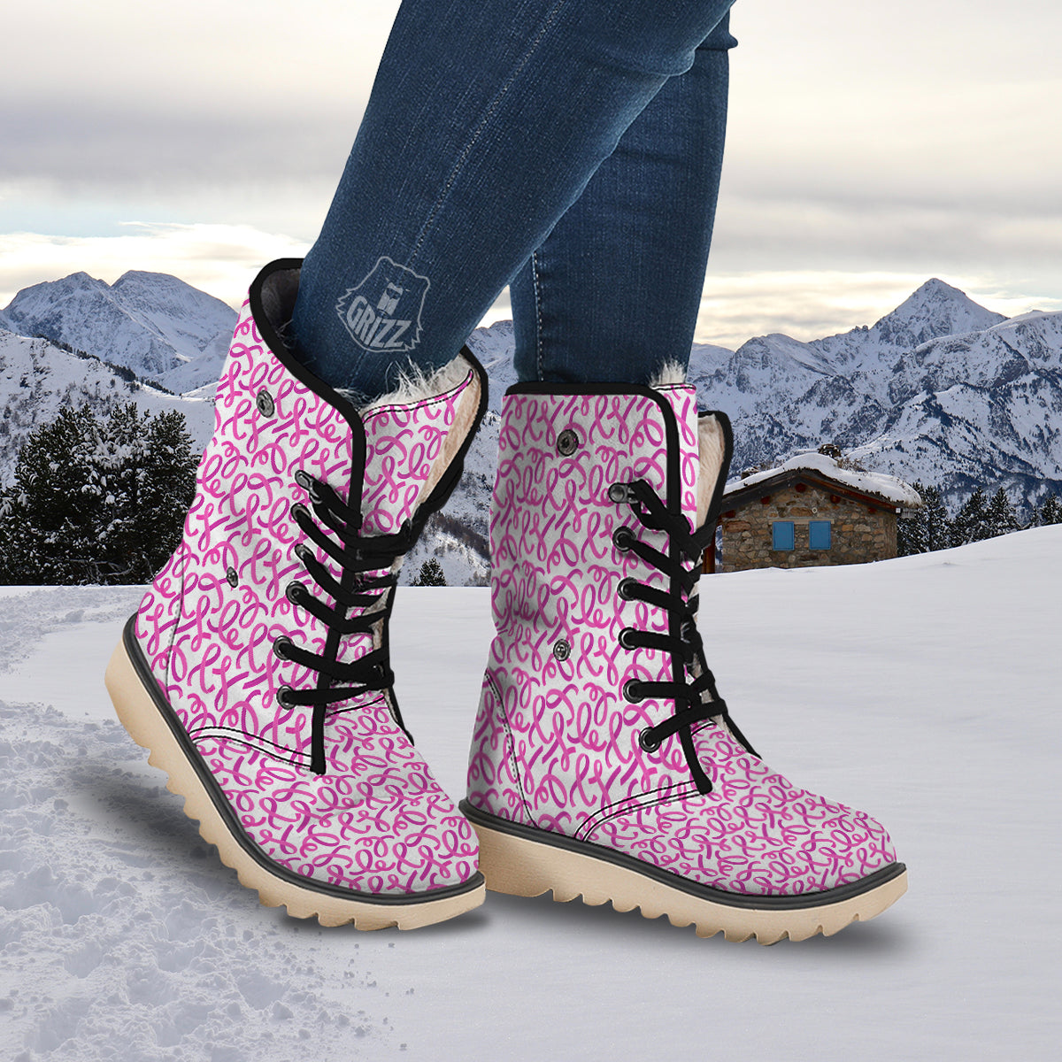 Cancer Awareness Print Pattern Snow Boots-grizzshop