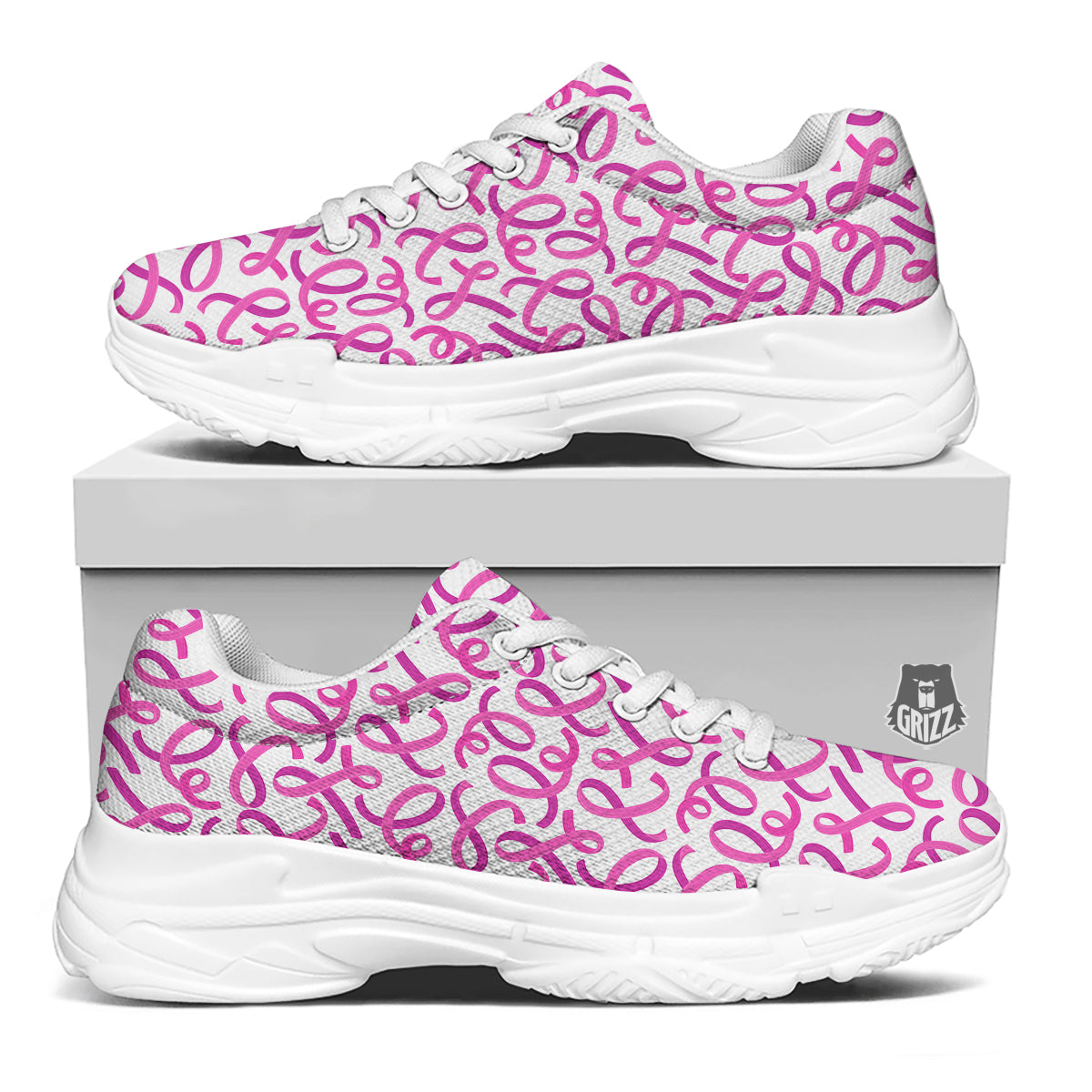 Cancer Awareness Print Pattern White Chunky Shoes-grizzshop