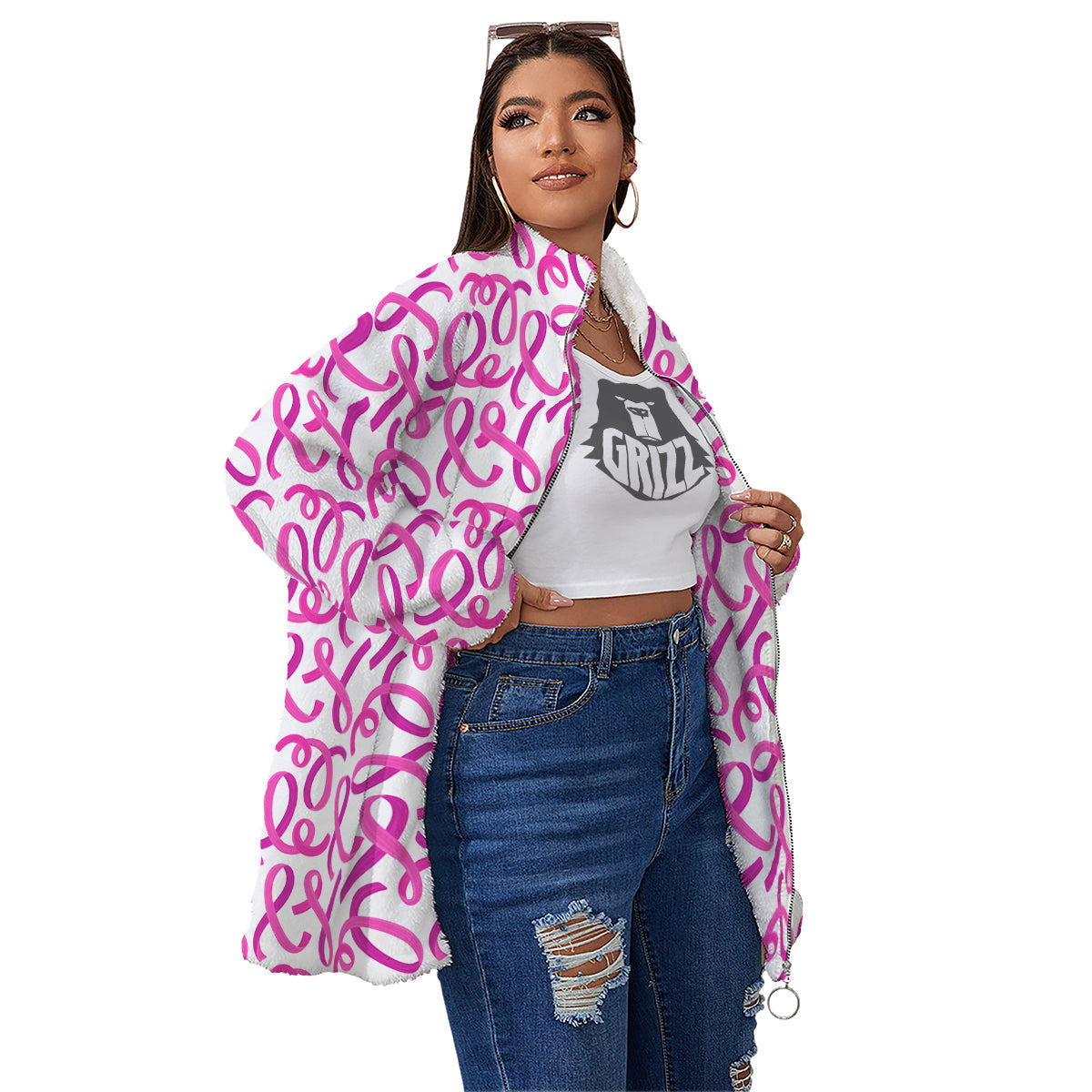 Cancer Awareness Print Pattern Women's Sherpa Jacket-grizzshop