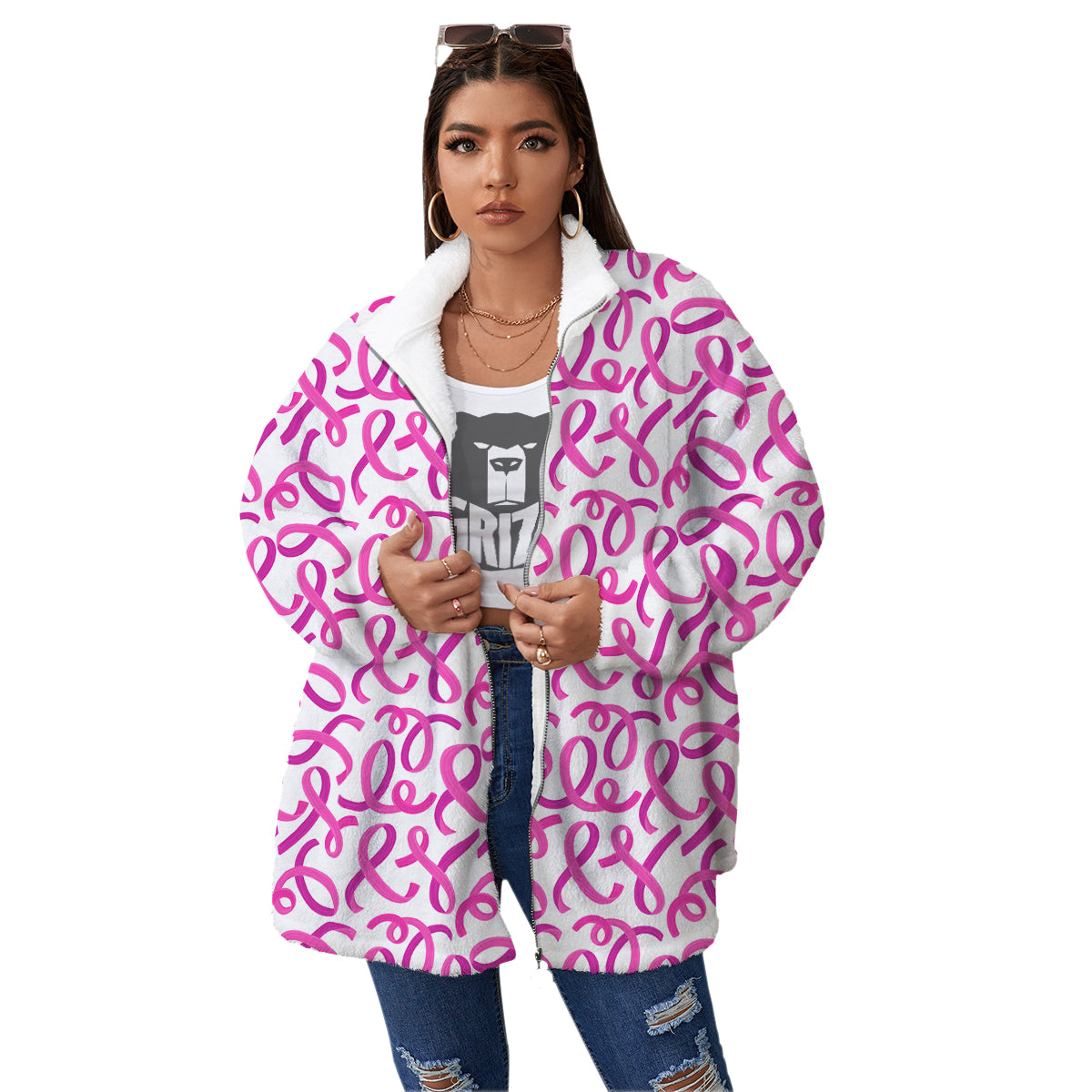 Cancer Awareness Print Pattern Women's Sherpa Jacket-grizzshop