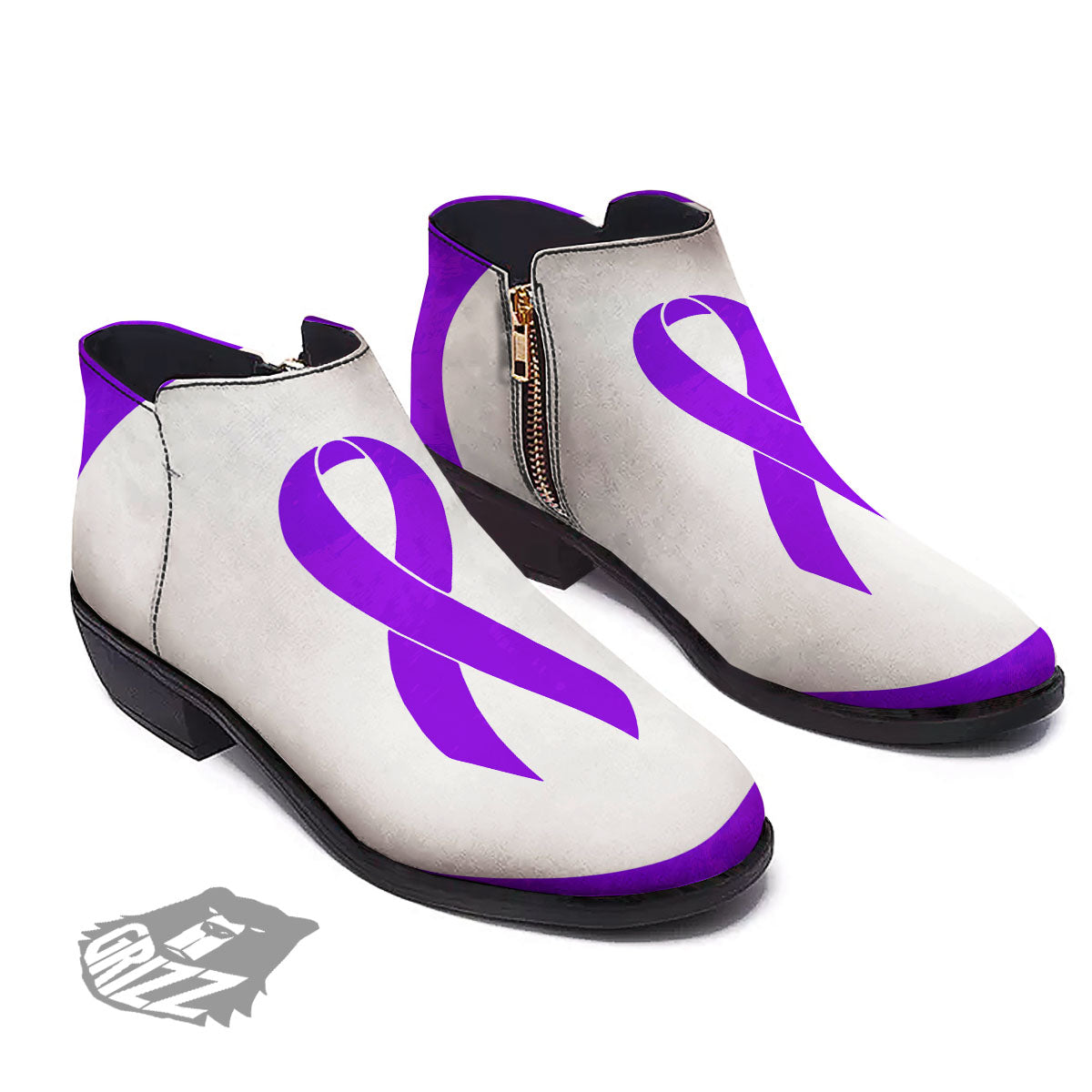 Cancer Awareness Ribbon Purple Print Ankle Boots-grizzshop