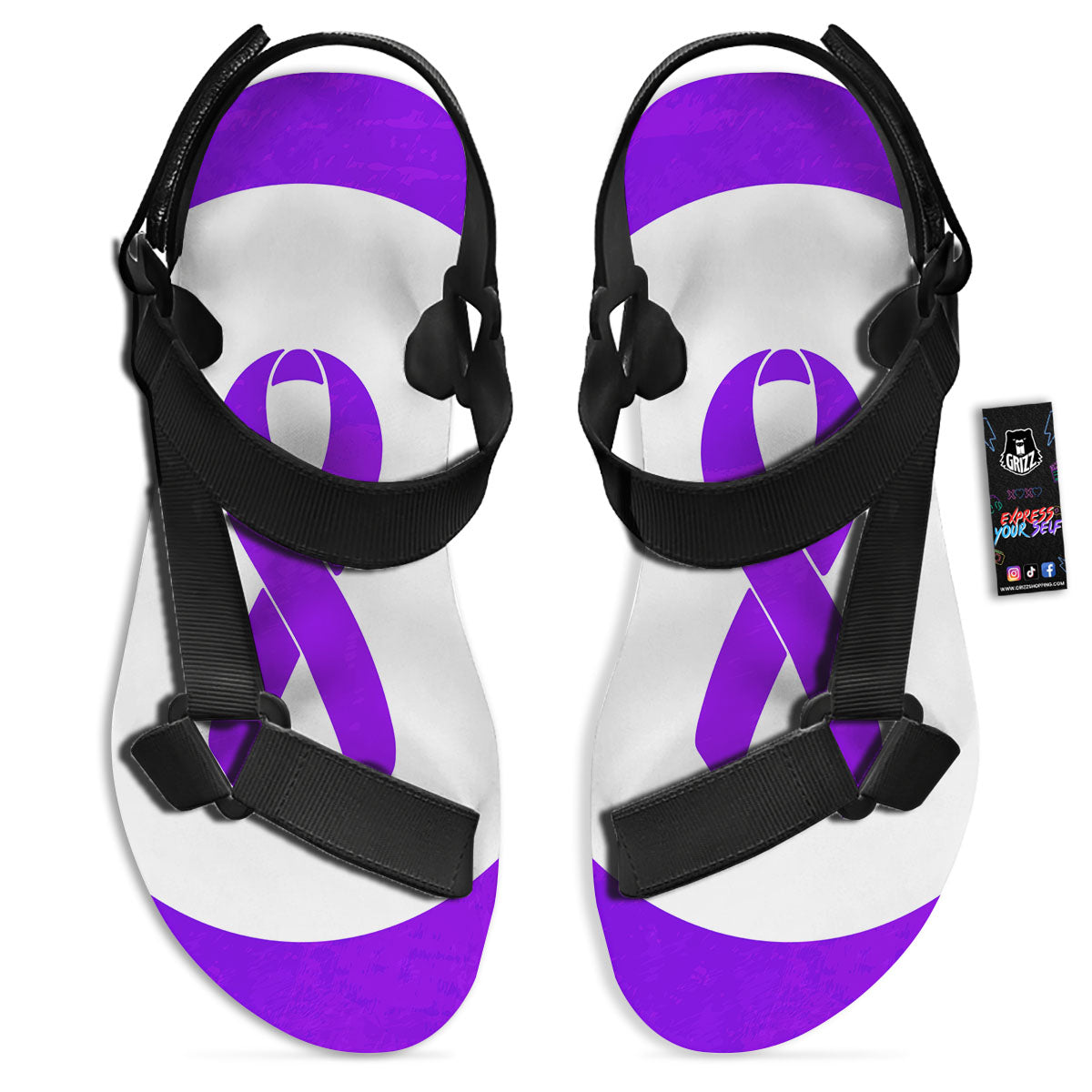 Cancer Awareness Ribbon Purple Print Black Open Toe Sandals-grizzshop