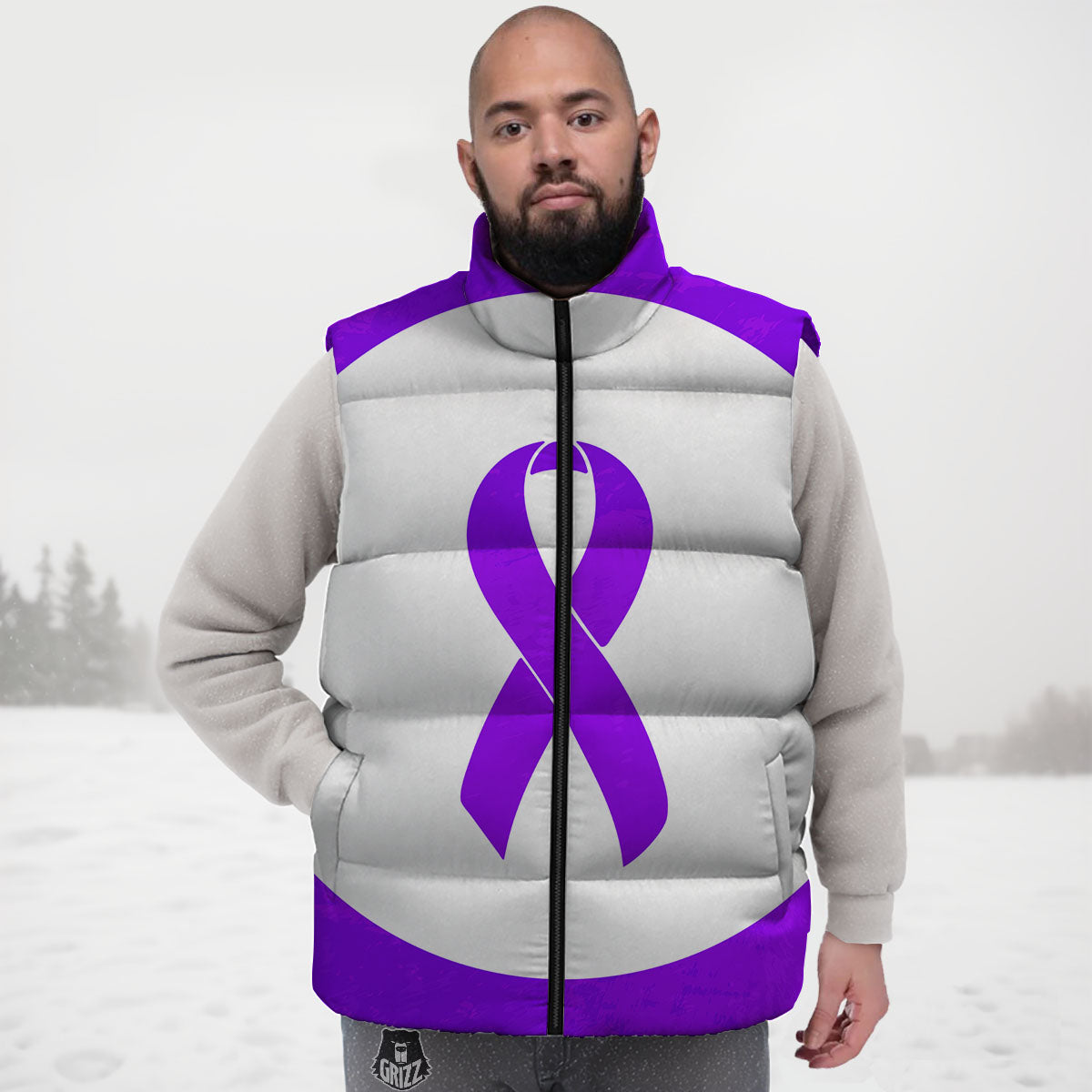 Cancer Awareness Ribbon Purple Print Down Vest