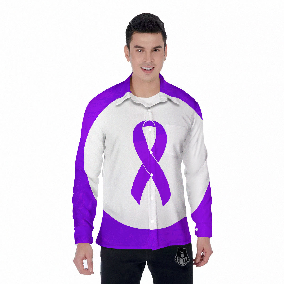 Cancer Awareness Ribbon Purple Print Men's Long Sleeve Shirts-grizzshop