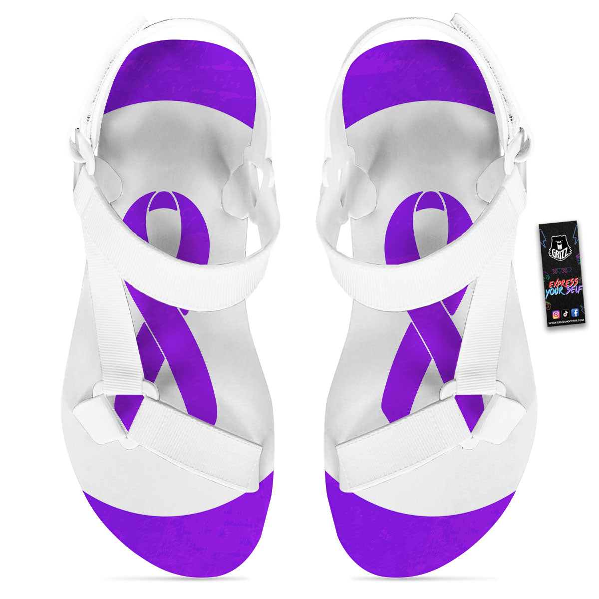 Cancer Awareness Ribbon Purple Print White Open Toe Sandals-grizzshop