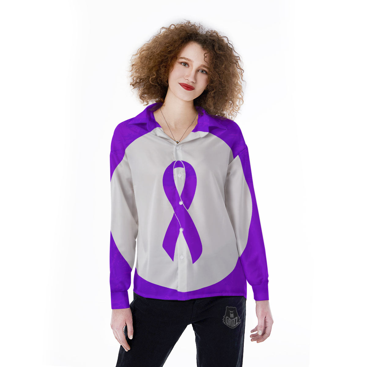 Cancer Awareness Ribbon Purple Print Women's Long Sleeve Shirts-grizzshop