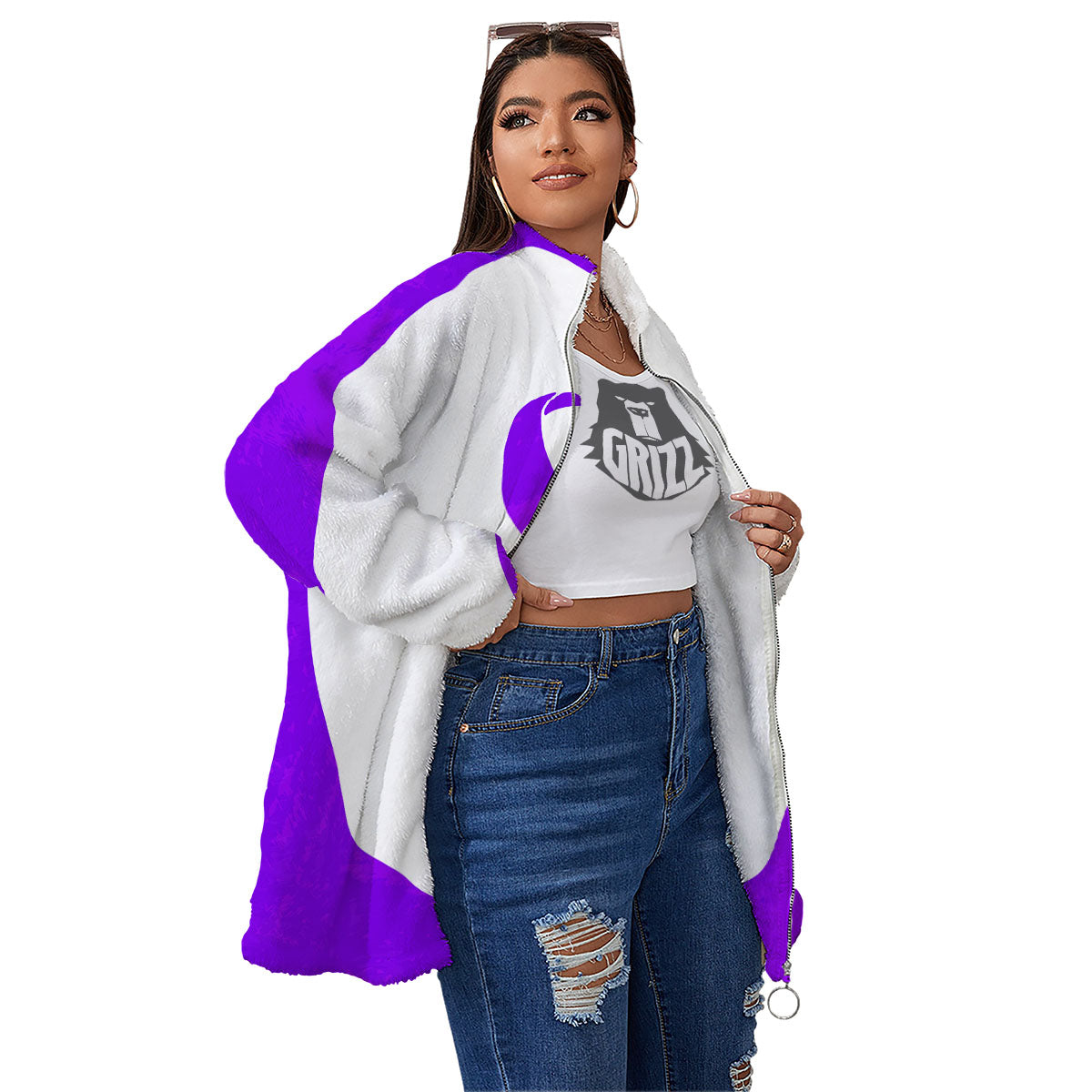 Cancer Awareness Ribbon Purple Print Women's Sherpa Jacket-grizzshop