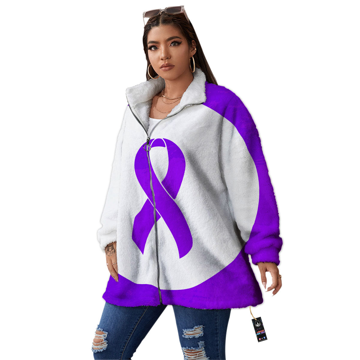 Cancer Awareness Ribbon Purple Print Women's Sherpa Jacket-grizzshop