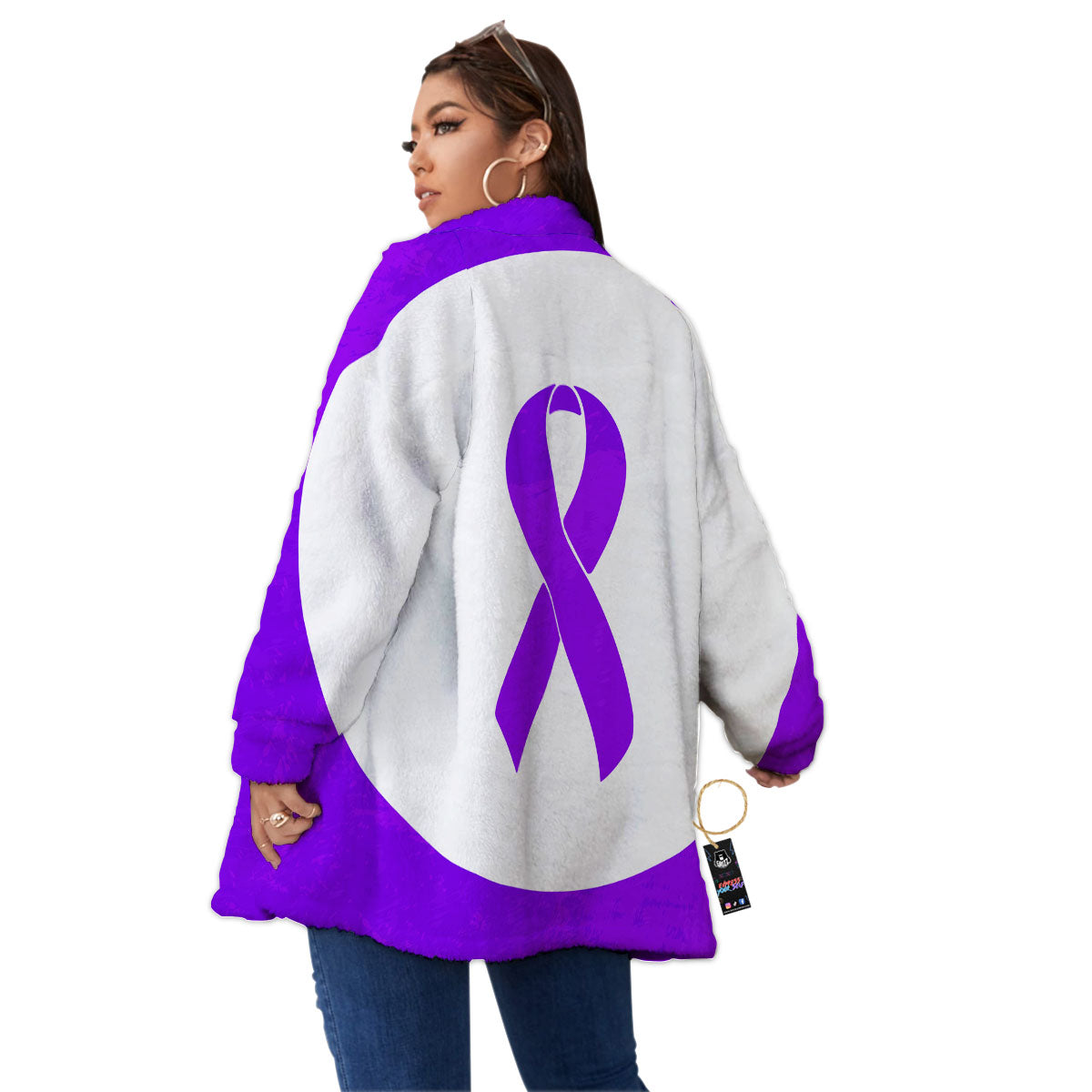 Cancer Awareness Ribbon Purple Print Women's Sherpa Jacket-grizzshop