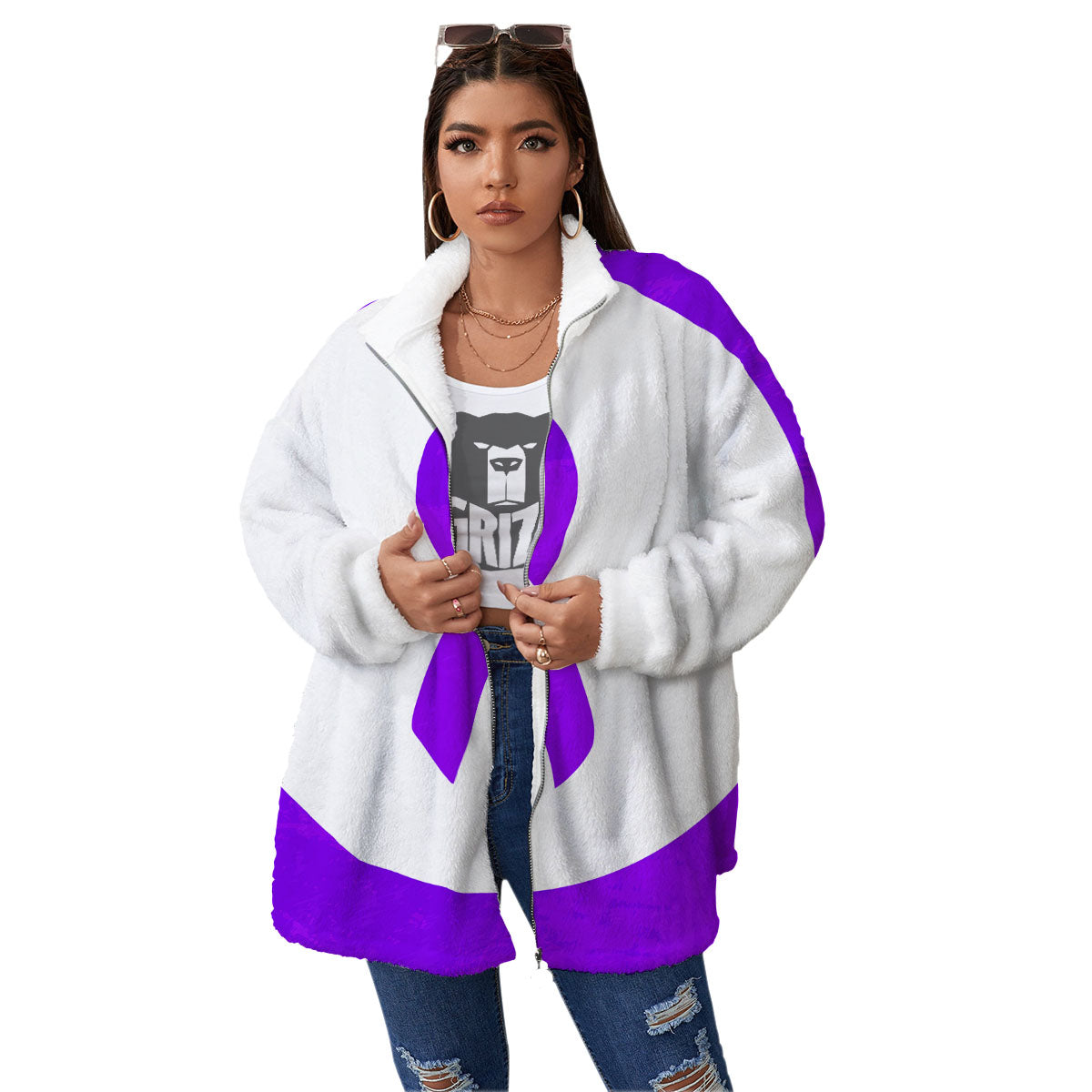Cancer Awareness Ribbon Purple Print Women's Sherpa Jacket-grizzshop