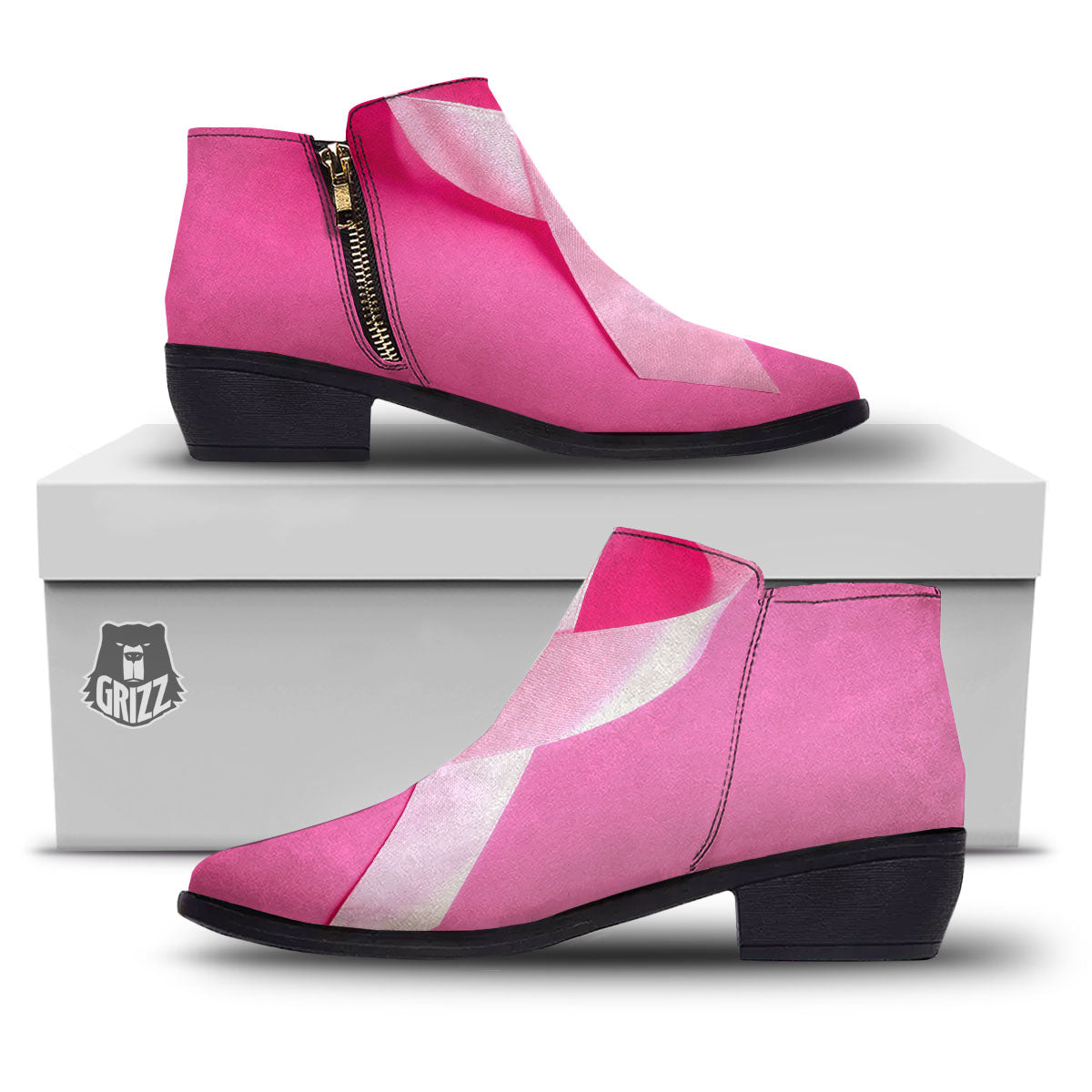 Cancer Breast Little Ribbon Print Ankle Boots-grizzshop