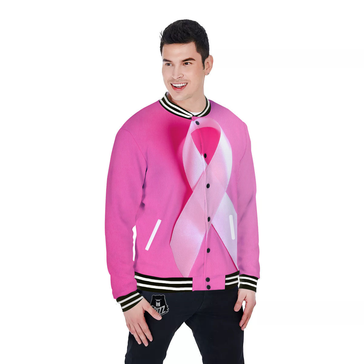 Cancer Breast Little Ribbon Print Baseball Jacket-grizzshop