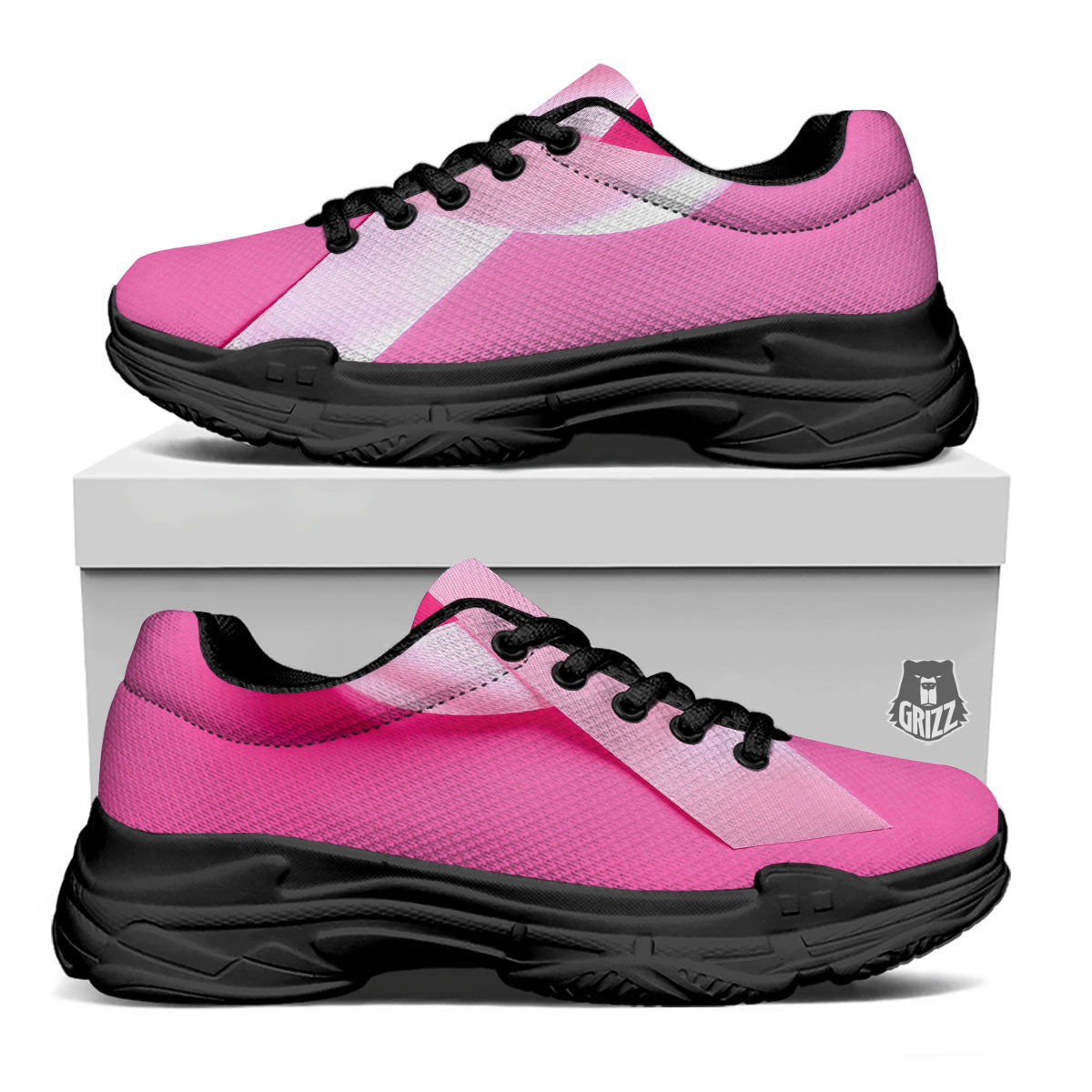 Cancer Breast Little Ribbon Print Black Chunky Shoes-grizzshop