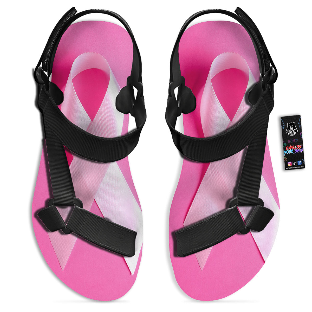 Cancer Breast Little Ribbon Print Black Open Toe Sandals-grizzshop