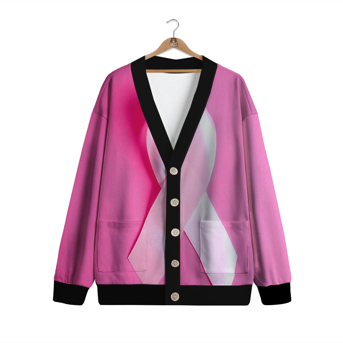 Cancer Breast Little Ribbon Print Cardigan-grizzshop
