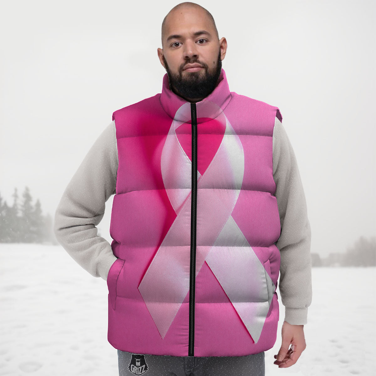 Cancer Breast Little Ribbon Print Down Vest