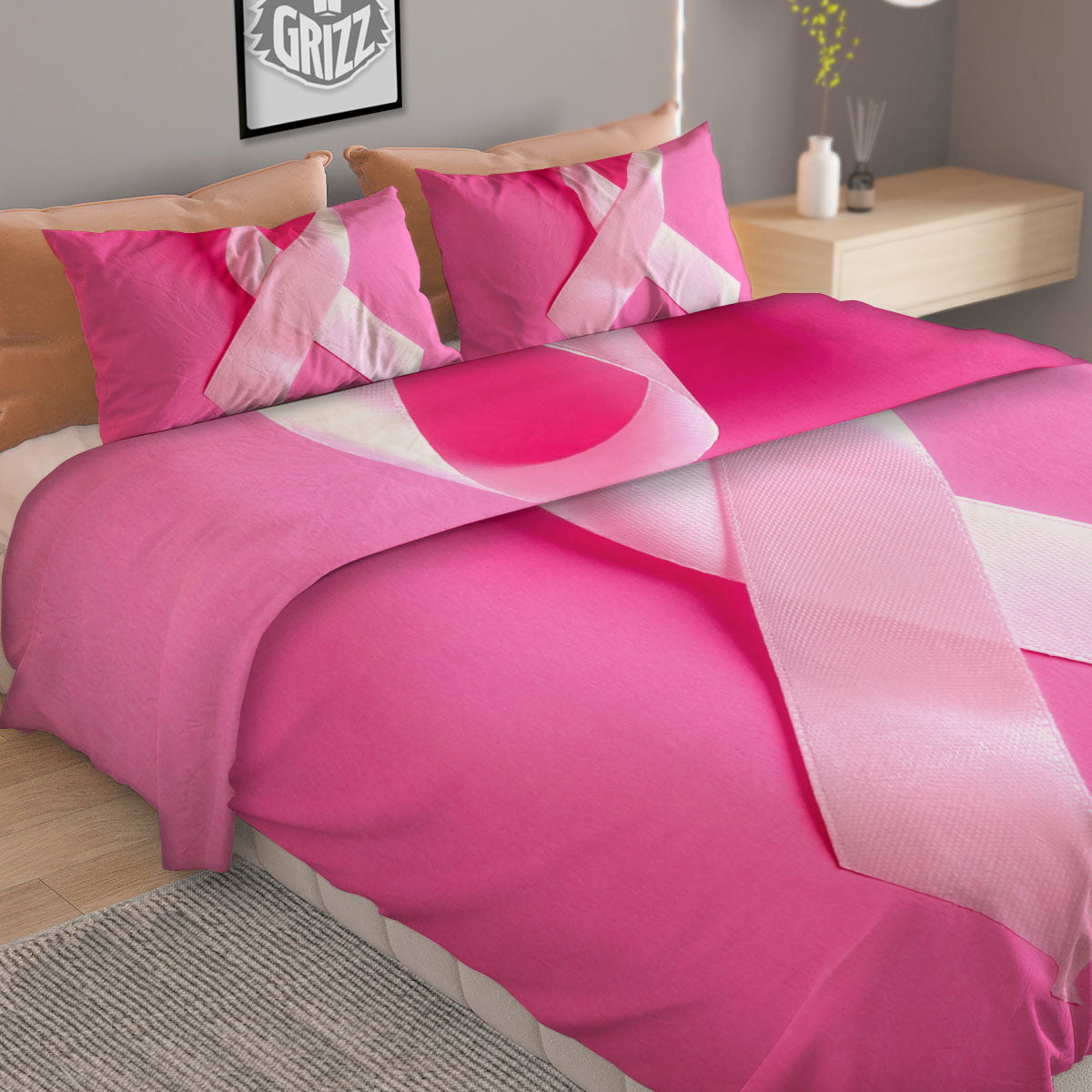 Cancer Breast Little Ribbon Print Duvet Cover Bedding Set