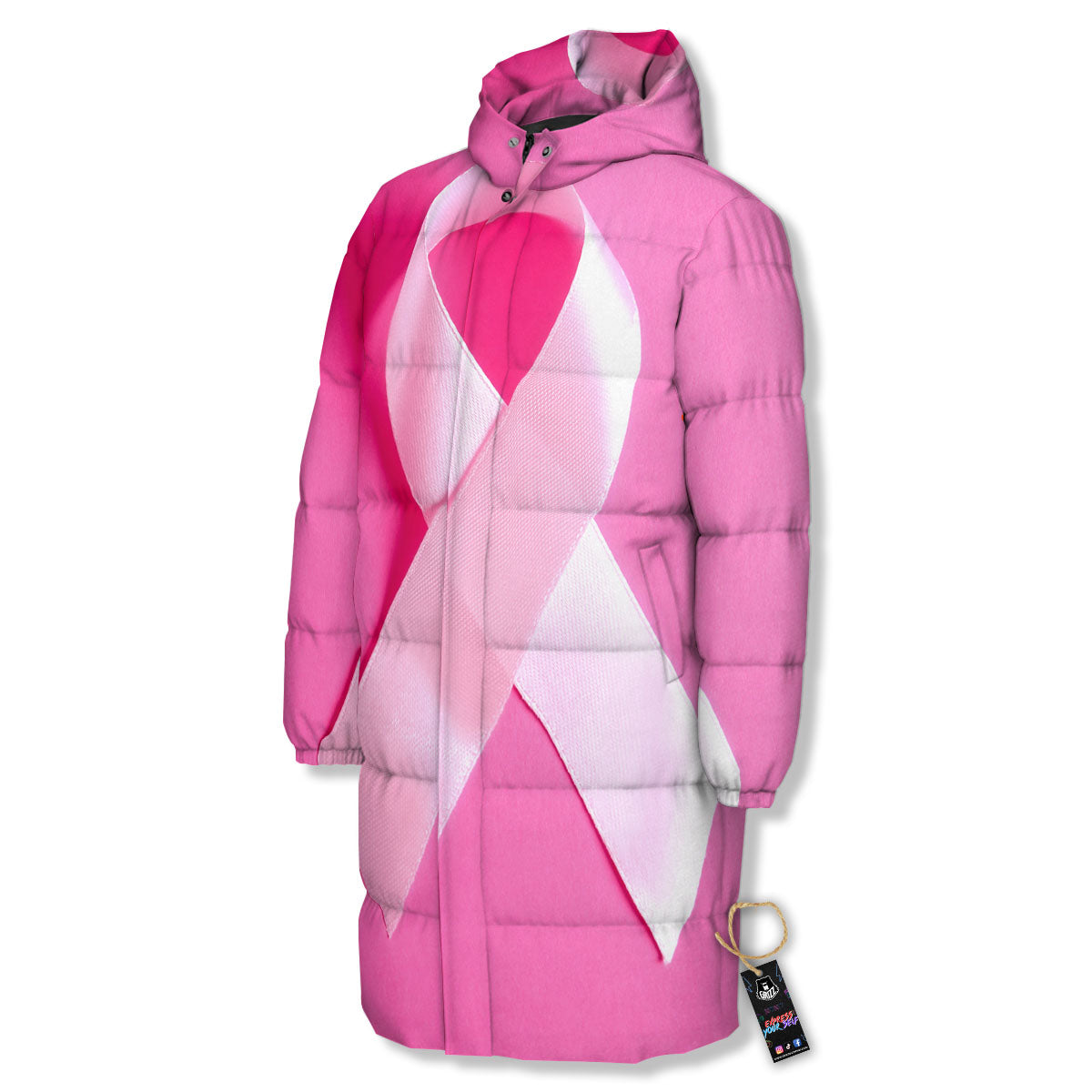 Cancer Breast Little Ribbon Print Long Down Jacket-grizzshop
