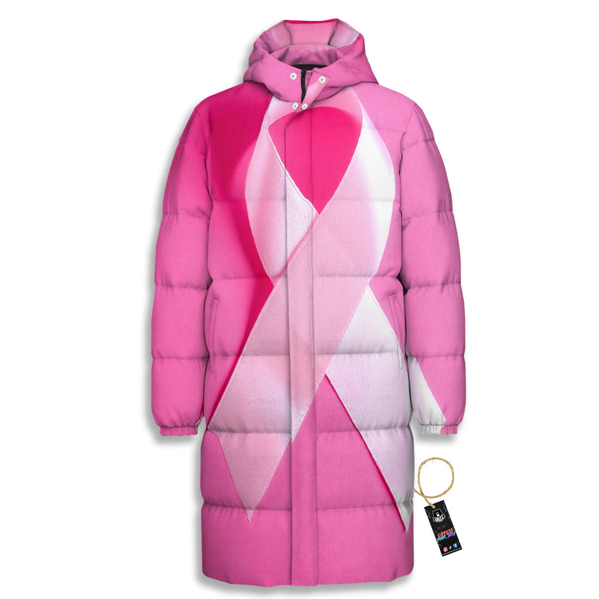 Cancer Breast Little Ribbon Print Long Down Jacket-grizzshop