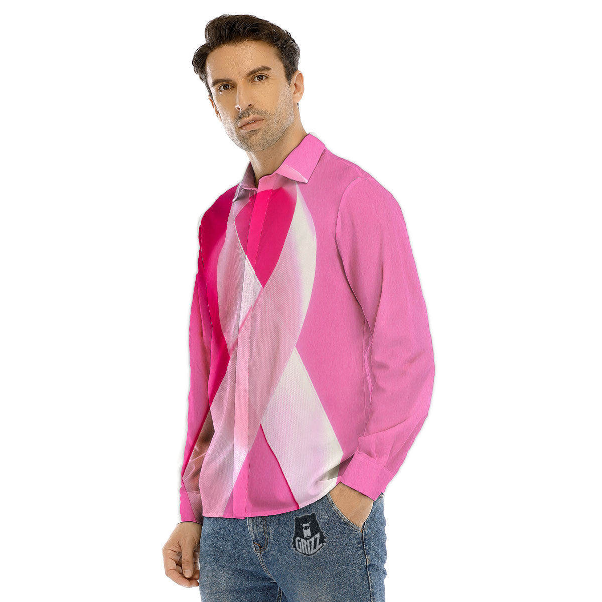 Cancer Breast Little Ribbon Print Men's Dress Shirts-grizzshop