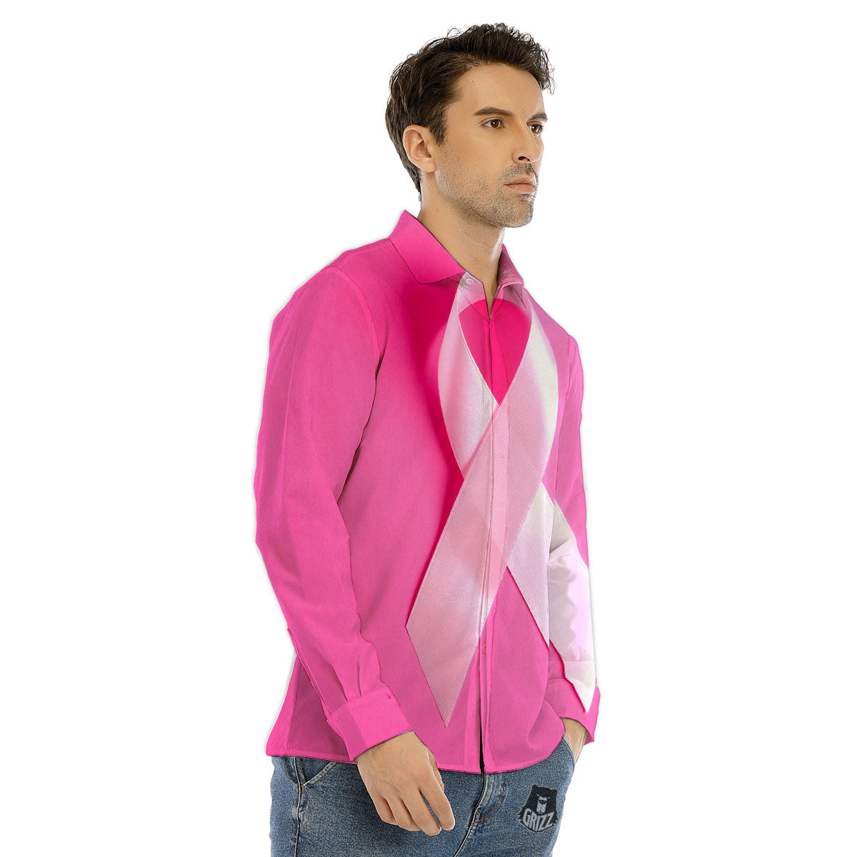 Cancer Breast Little Ribbon Print Men's Dress Shirts-grizzshop
