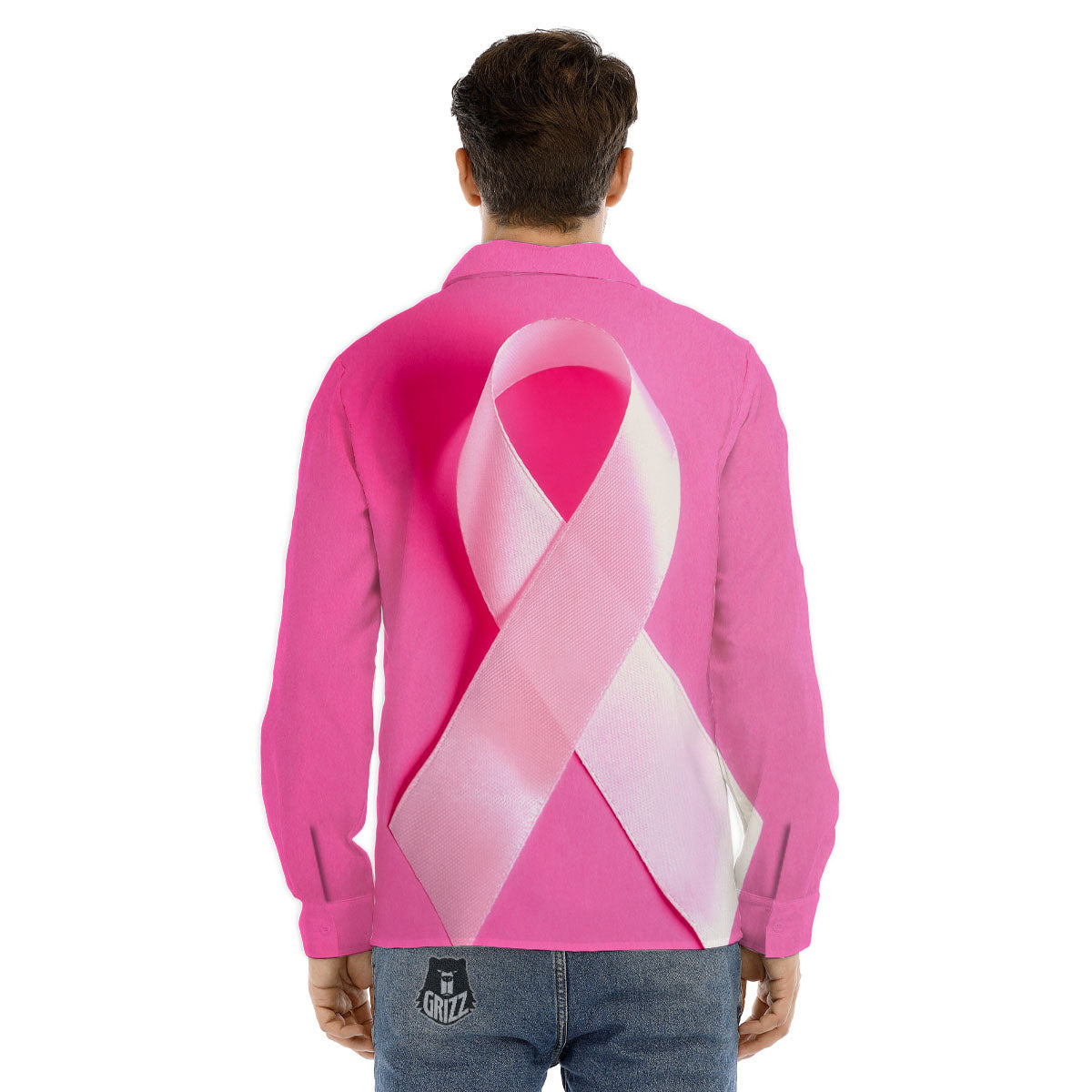 Cancer Breast Little Ribbon Print Men's Dress Shirts-grizzshop
