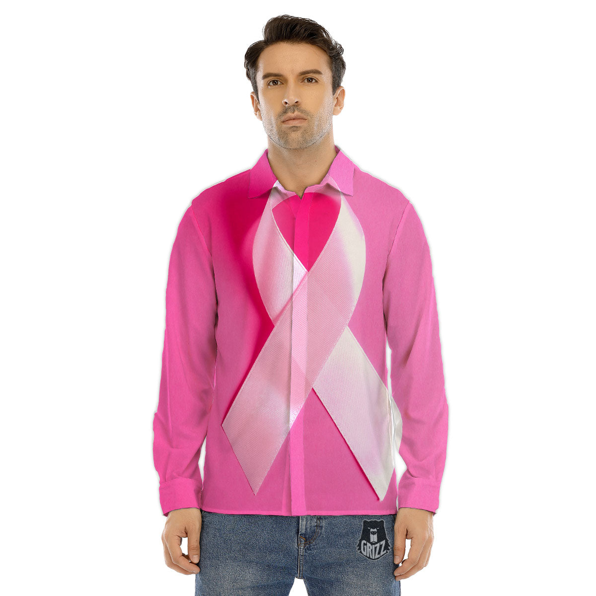 Cancer Breast Little Ribbon Print Men's Dress Shirts-grizzshop