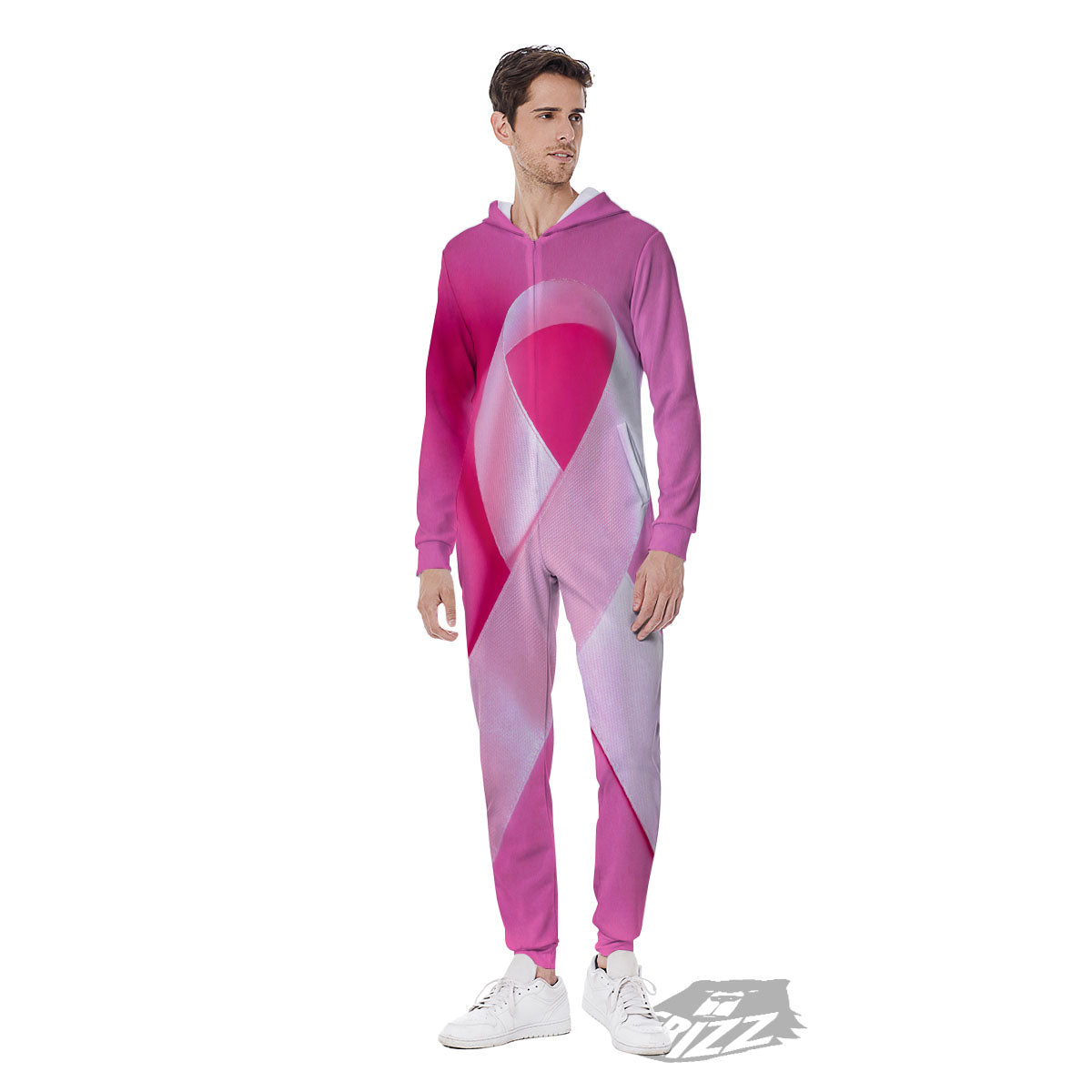 Cancer Breast Little Ribbon Print Men's Jumpsuit-grizzshop