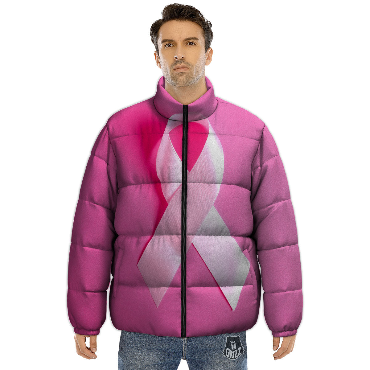 Cancer Breast Little Ribbon Print Puffer Jacket-grizzshop