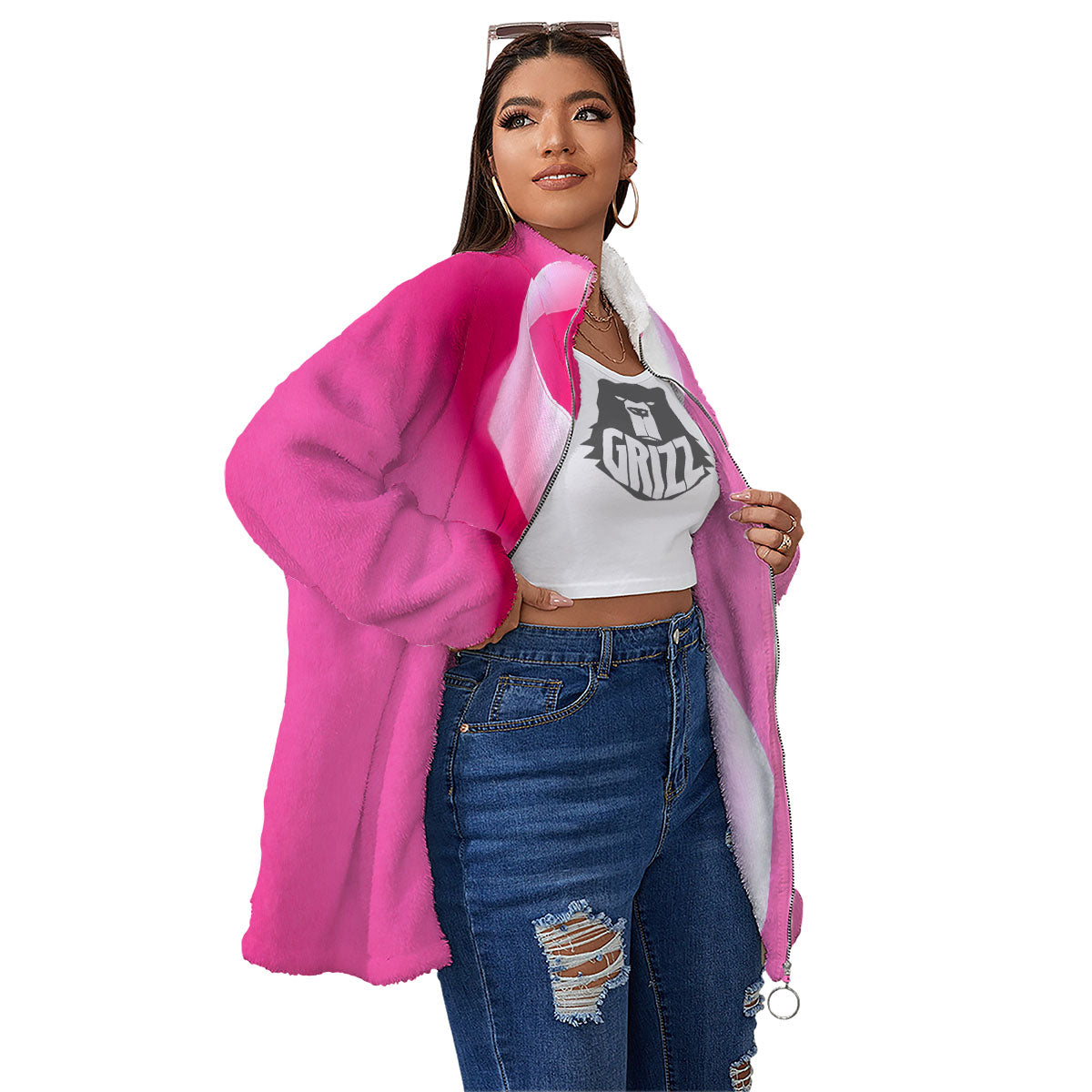 Cancer Breast Little Ribbon Print Women's Sherpa Jacket-grizzshop