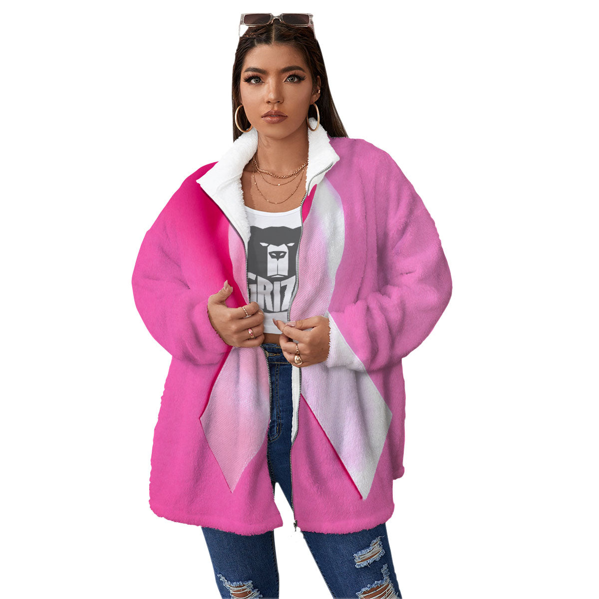 Cancer Breast Little Ribbon Print Women's Sherpa Jacket-grizzshop