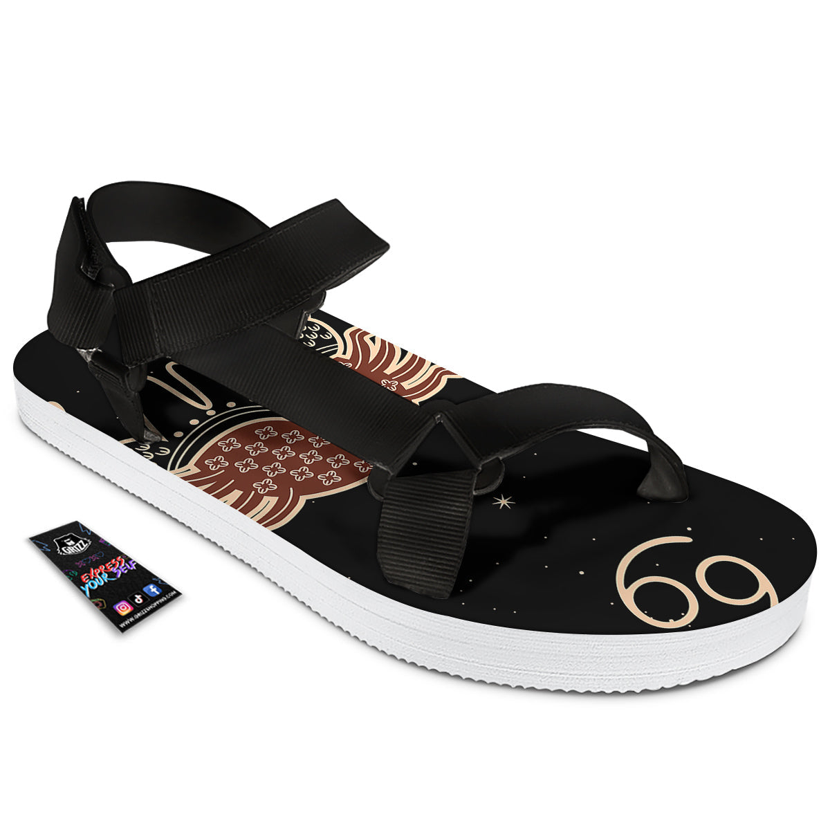 Cancer Constellation Print Black Open Toe Sandals-grizzshop