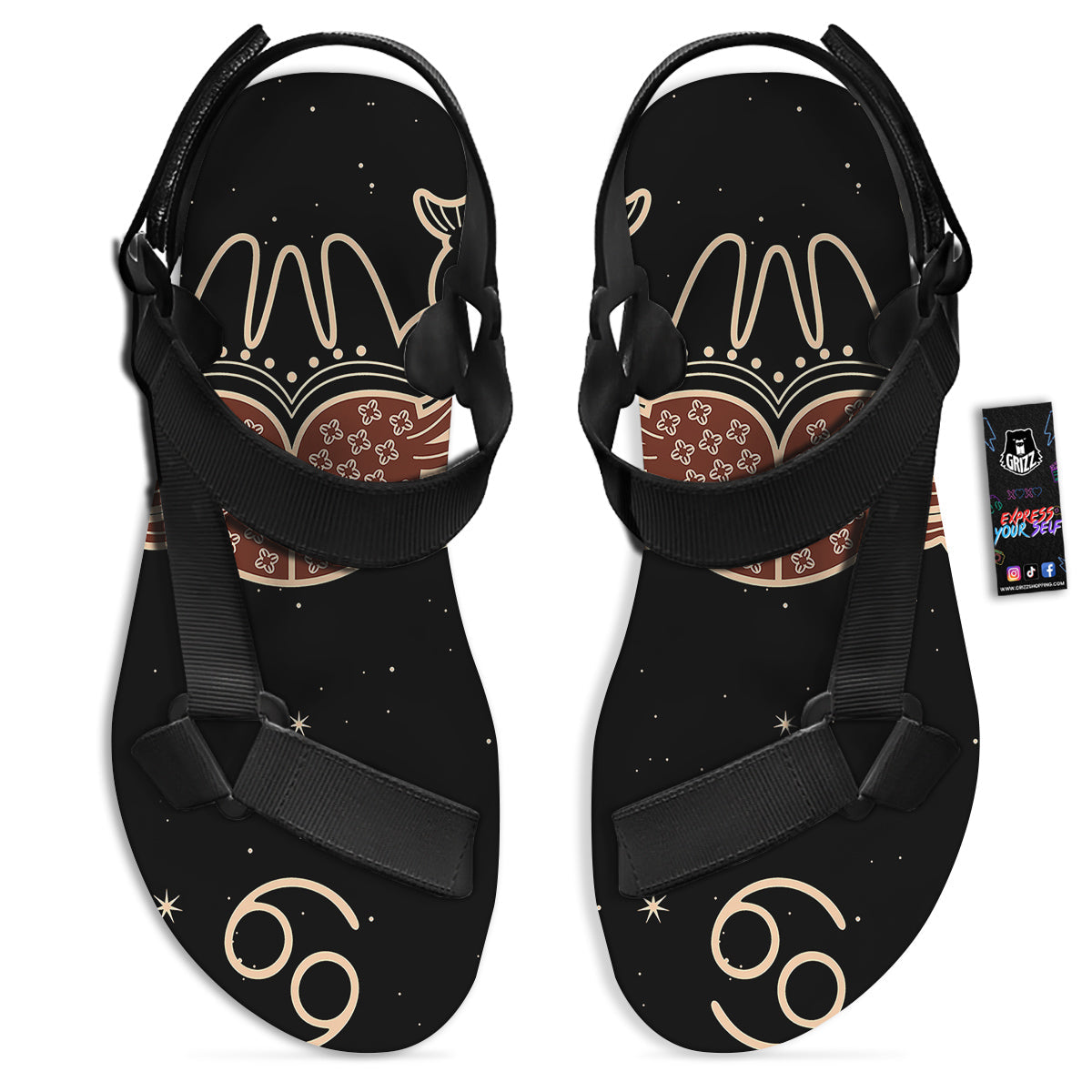 Cancer Constellation Print Black Open Toe Sandals-grizzshop