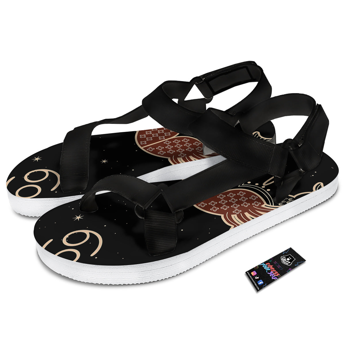 Cancer Constellation Print Black Open Toe Sandals-grizzshop