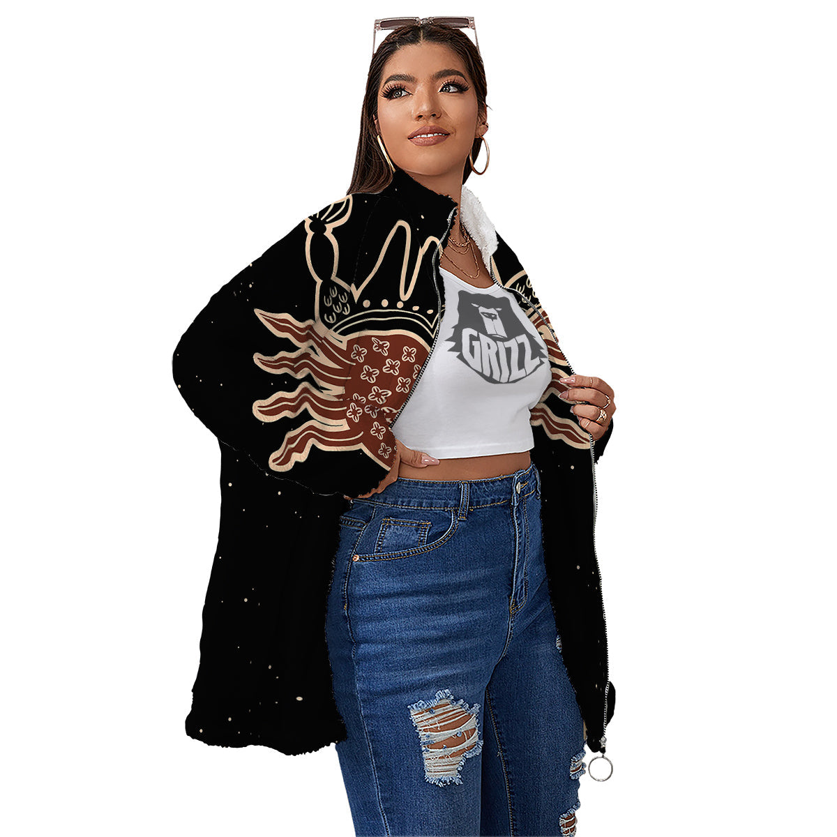 Cancer Constellation Print Women's Sherpa Jacket-grizzshop