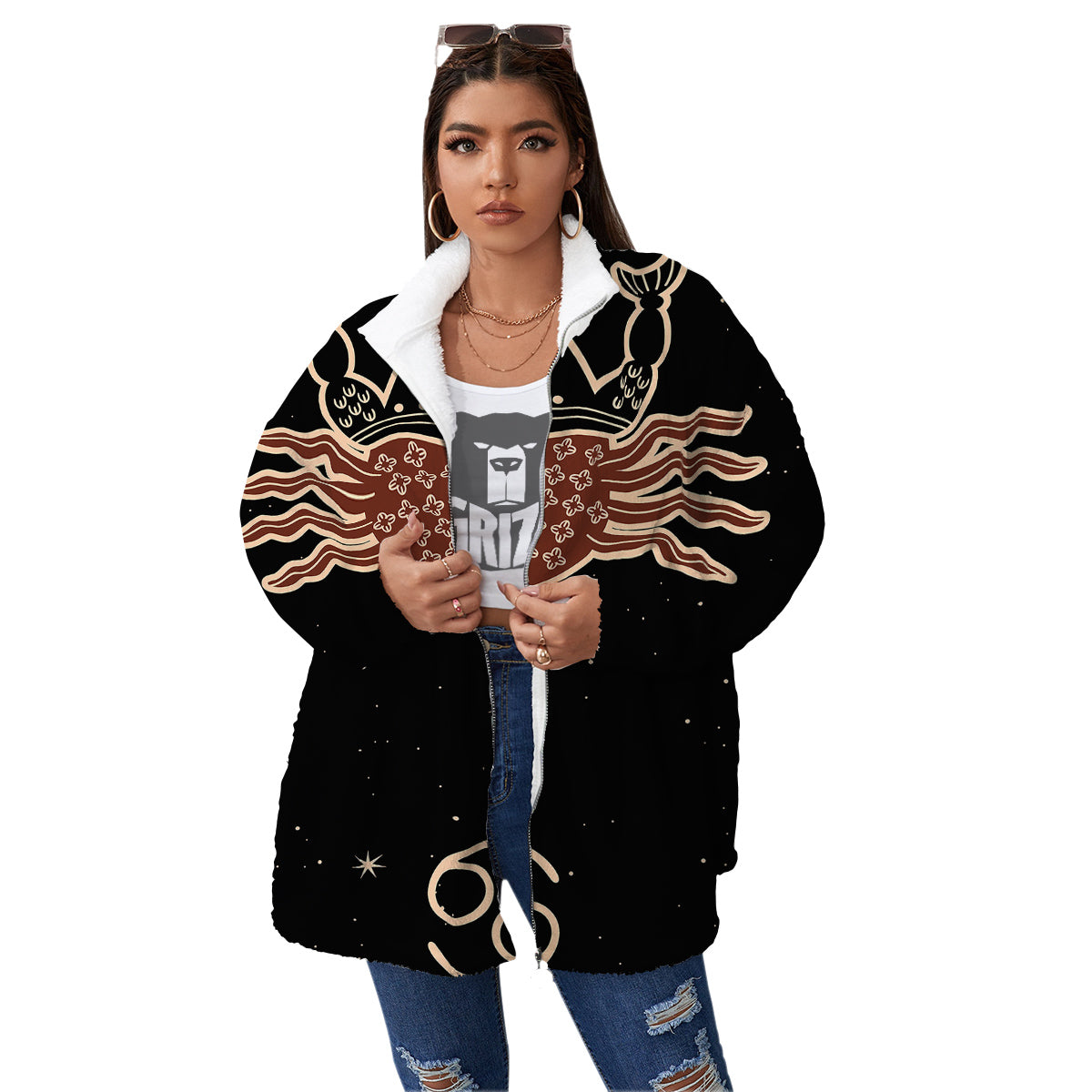 Cancer Constellation Print Women's Sherpa Jacket-grizzshop